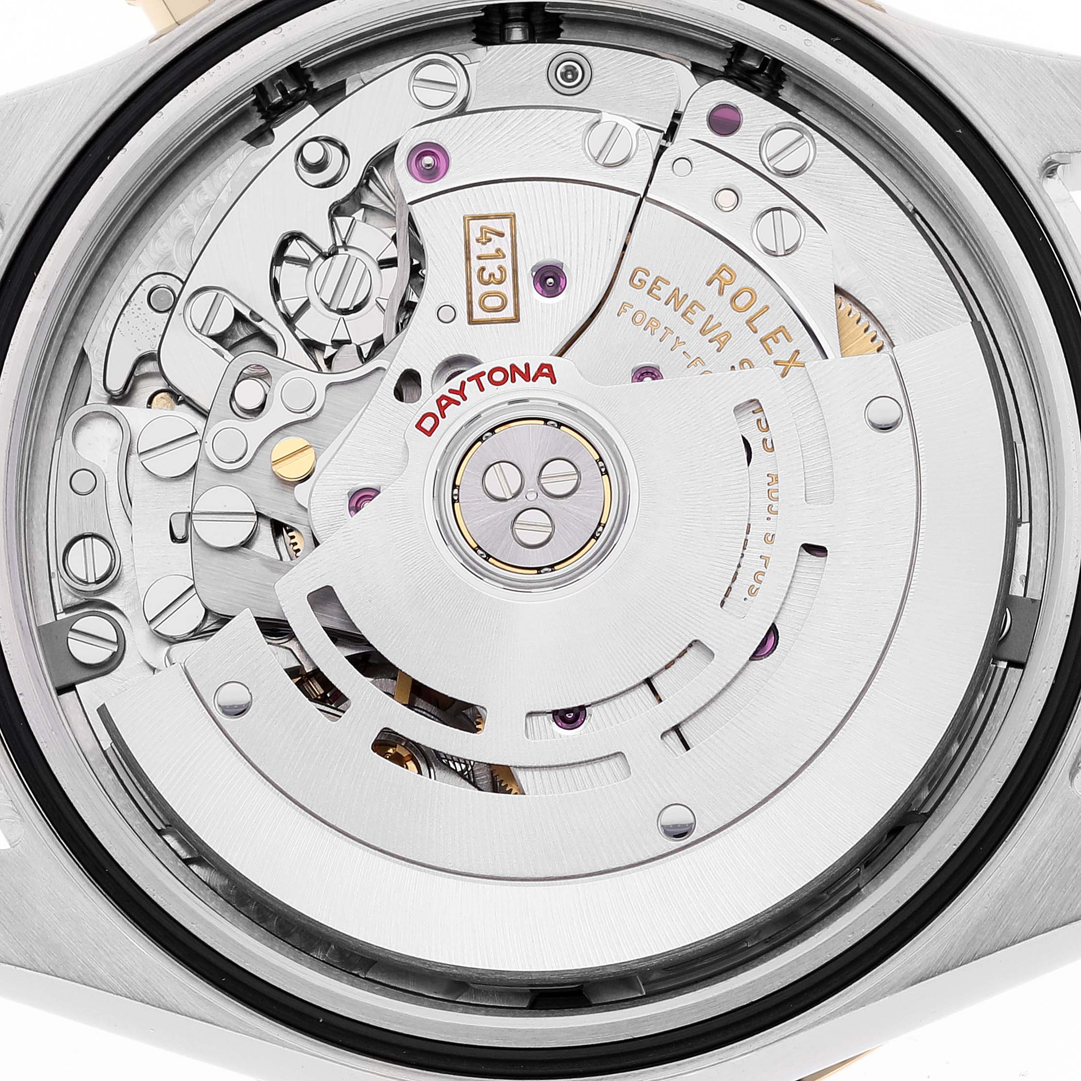 This image shows the inner mechanical movement of a Rolex Daytona 116503 Men
s Steel and Gold (two tone) Black Dial 116503 Men
s Steel and Gold (two tone) Black Dial watch, viewed from the back.