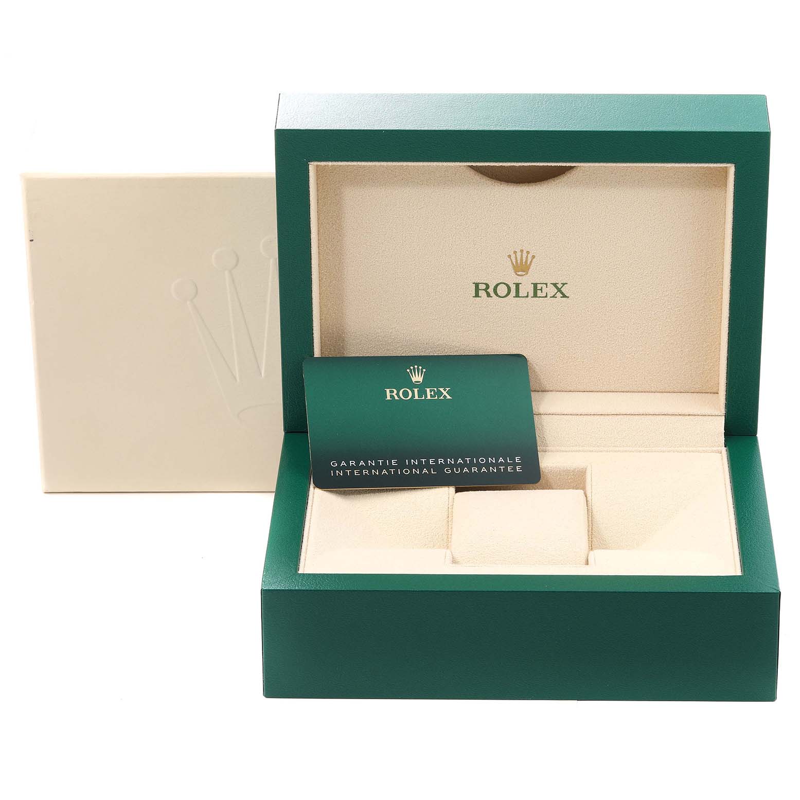 This image shows an open Rolex Daytona 116503 Men
s Steel and Gold (two tone) Black Dial 116503 Men
s Steel and Gold (two tone) Black Dial watch box, revealing a green international guarantee card.