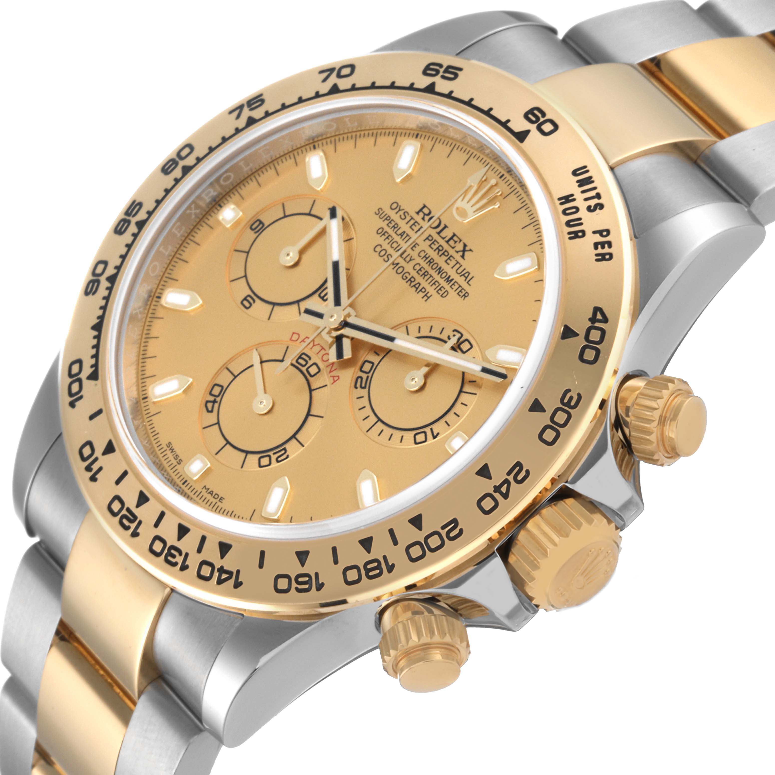 The image shows a close-up side angle of a Rolex Daytona 116503 Men's Steel and Gold (two tone) Champagne Dial 116503 Men's Steel and Gold (two tone) Champagne Dial watch, highlighting the gold bezel, dial, crown, and pushers.