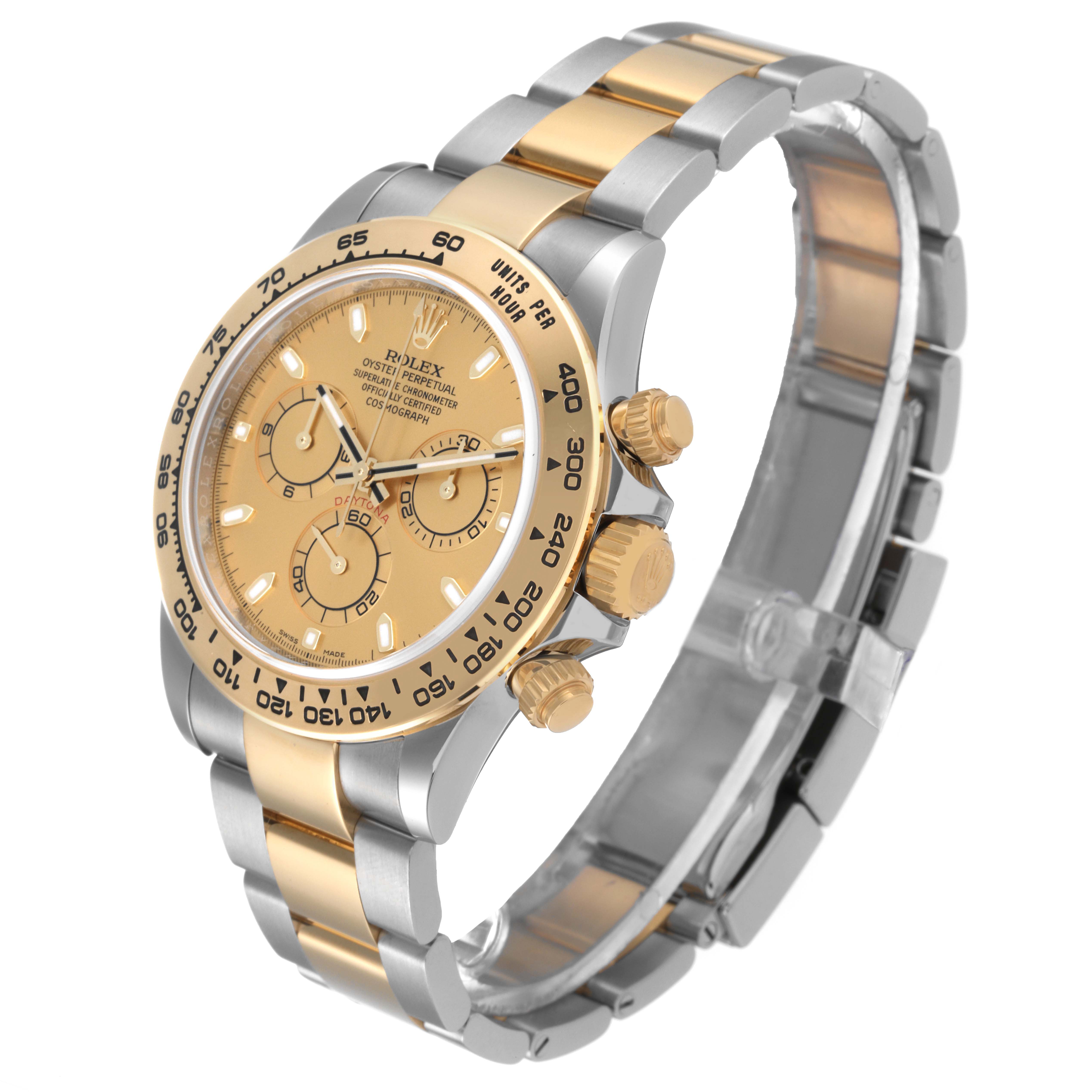 The Rolex Daytona 116503 Men's Steel and Gold (two tone) Champagne Dial 116503 Men's Steel and Gold (two tone) Champagne Dial watch is shown at a three-quarter angle, highlighting the dial, bezel, crown, pushers, and two-tone bracelet.