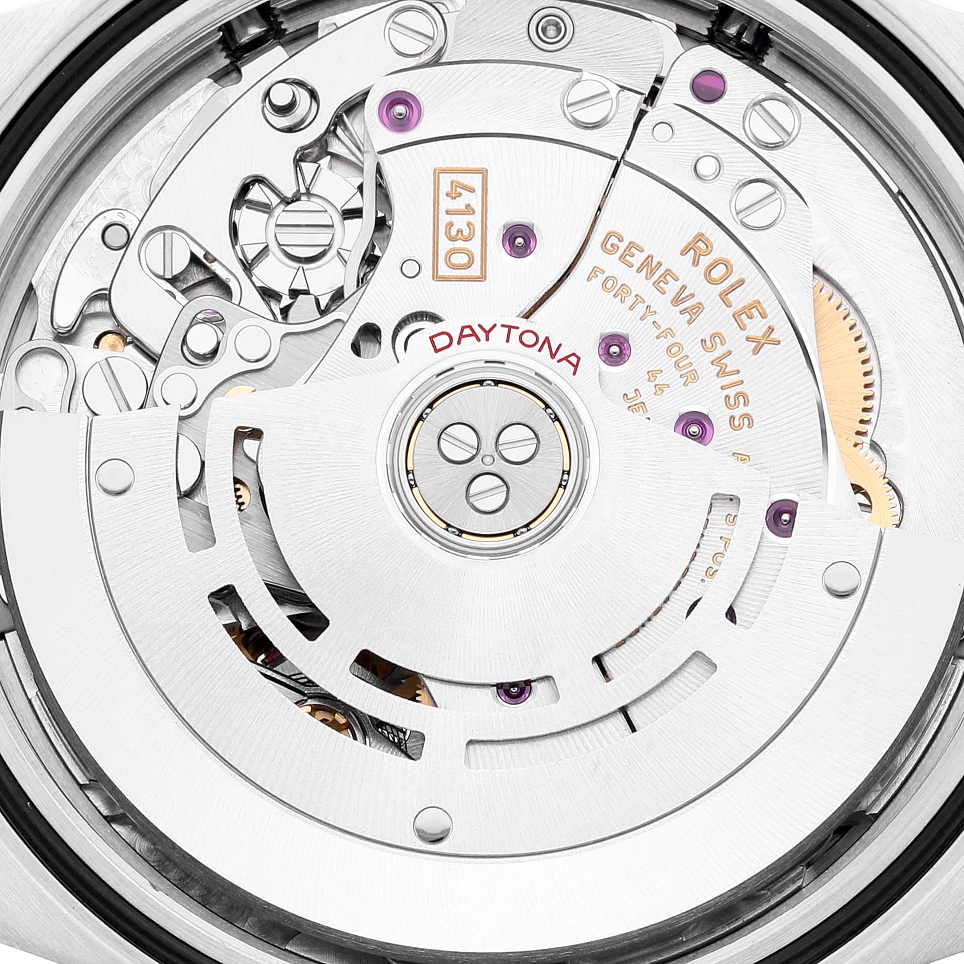 The image shows the intricate inner mechanism from the back of a Rolex Daytona 116503 Men's Steel and Gold (two tone) Champagne Dial 116503 Men's Steel and Gold (two tone) Champagne Dial watch.