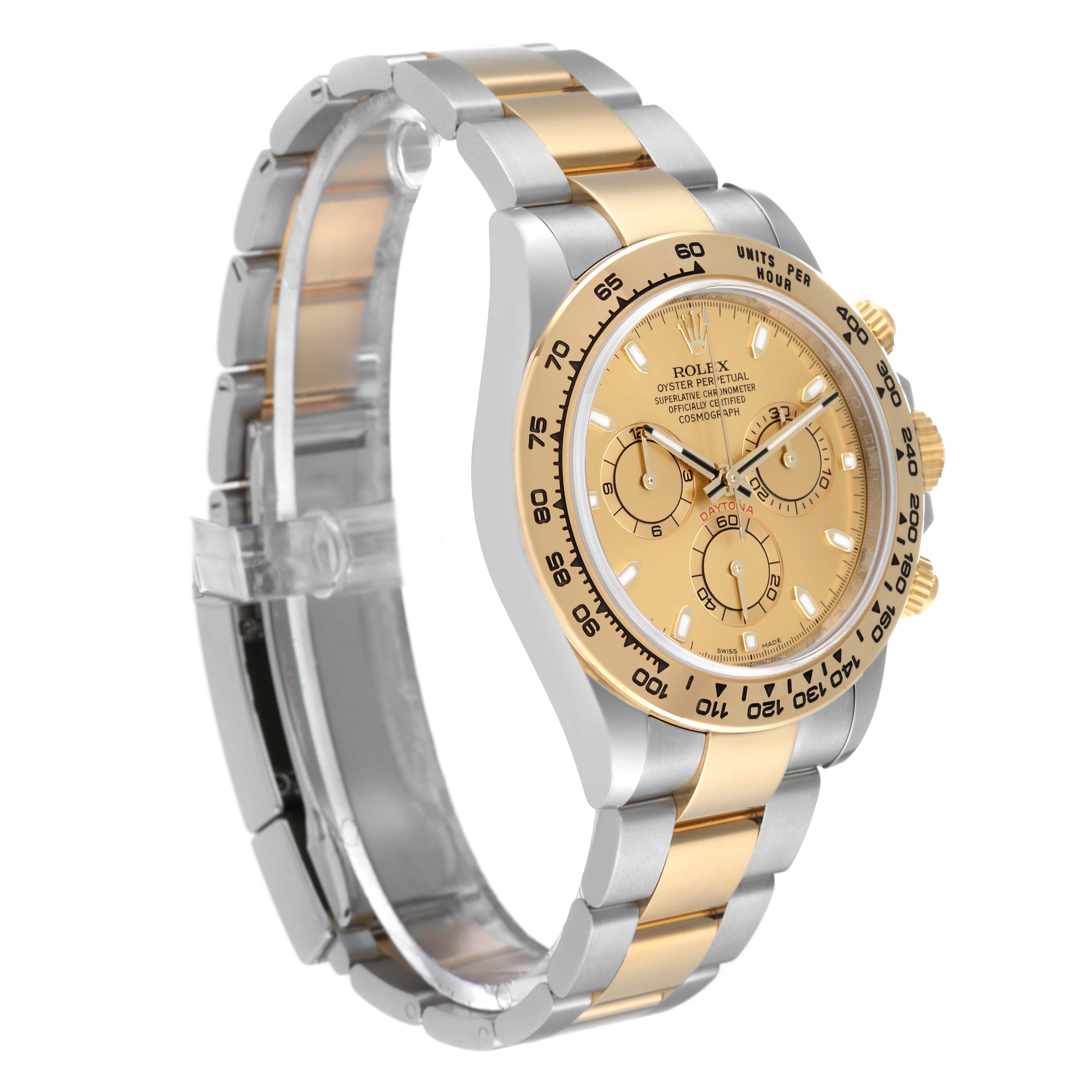 The image shows a Rolex Daytona 116503 Men's Steel and Gold (two tone) Champagne Dial 116503 Men's Steel and Gold (two tone) Champagne Dial watch at a side angle, highlighting its gold and silver bracelet and face.