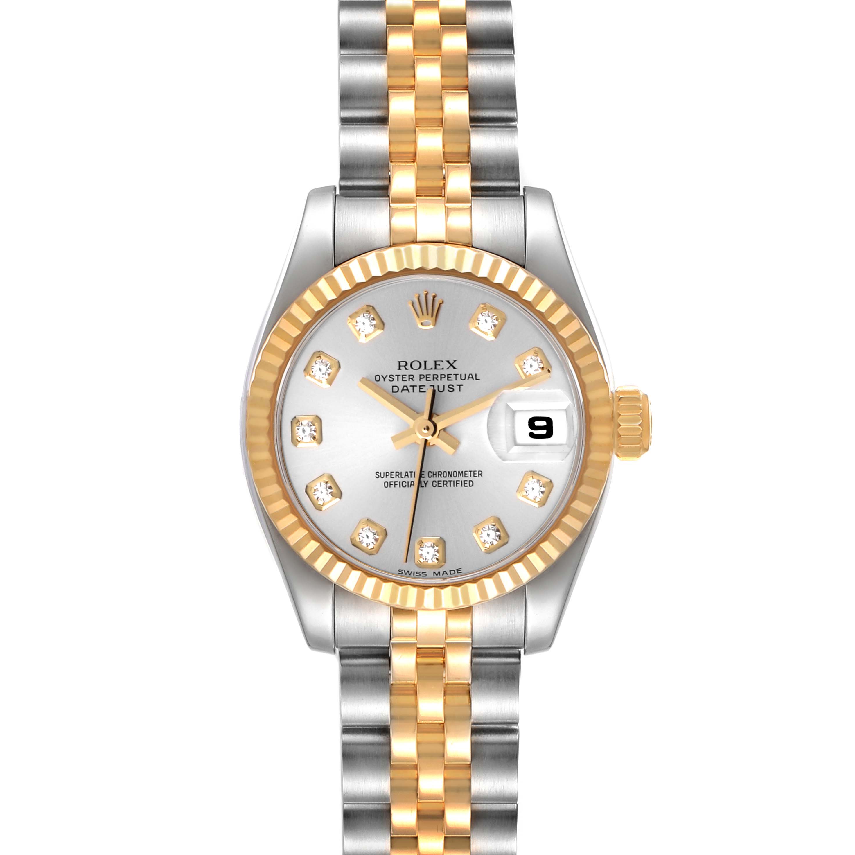 The image shows a Rolex Datejust 179173 Women's Steel and Gold (two tone) Silver Dial 179173 Women's Steel and Gold (two tone) Silver Dial watch from a top-down angle, highlighting the face, bezel, crown, and jubilee bracelet.