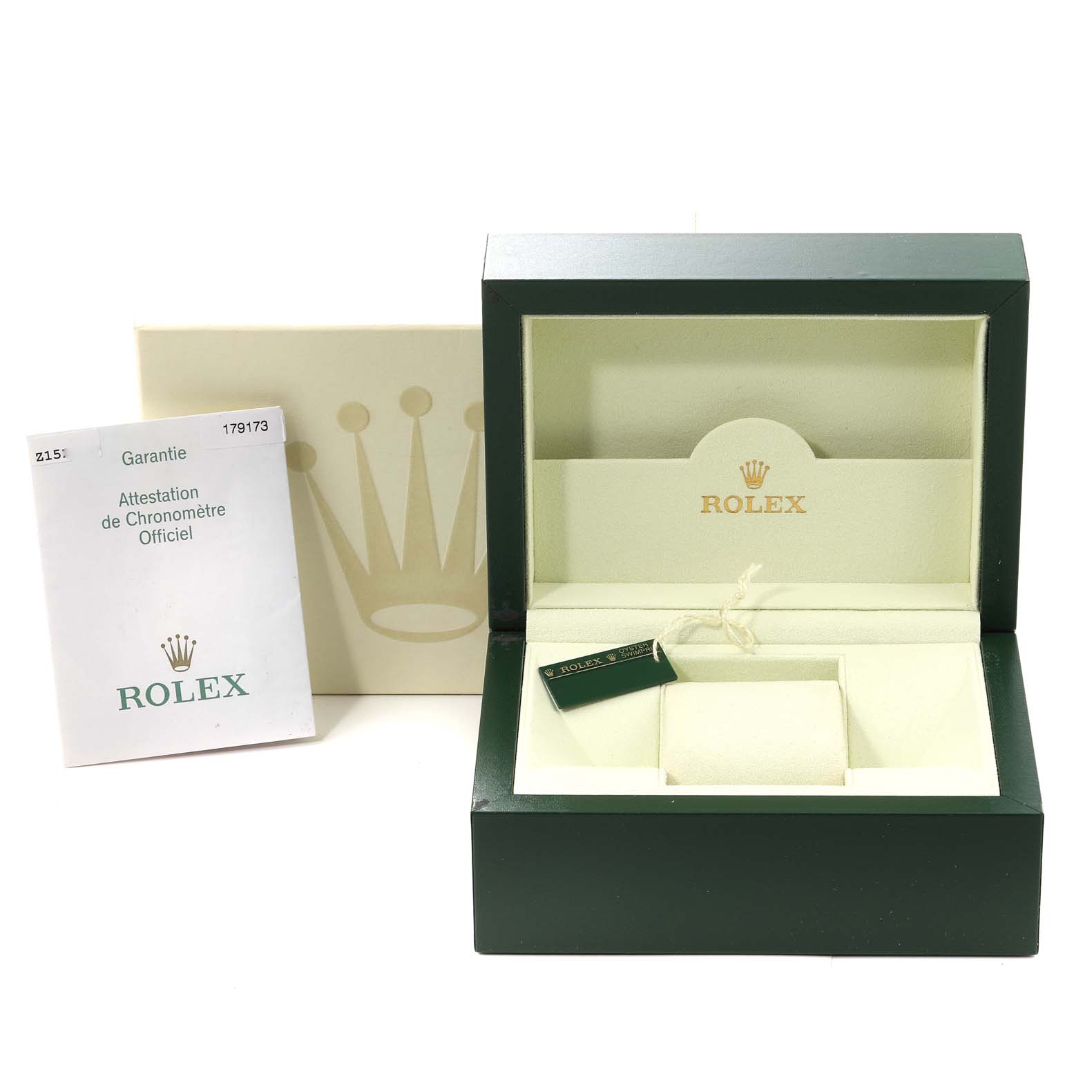 This image shows the packaging, warranty card, and box for a Rolex Datejust 179173 Women's Steel and Gold (two tone) Silver Dial 179173 Women's Steel and Gold (two tone) Silver Dial watch.