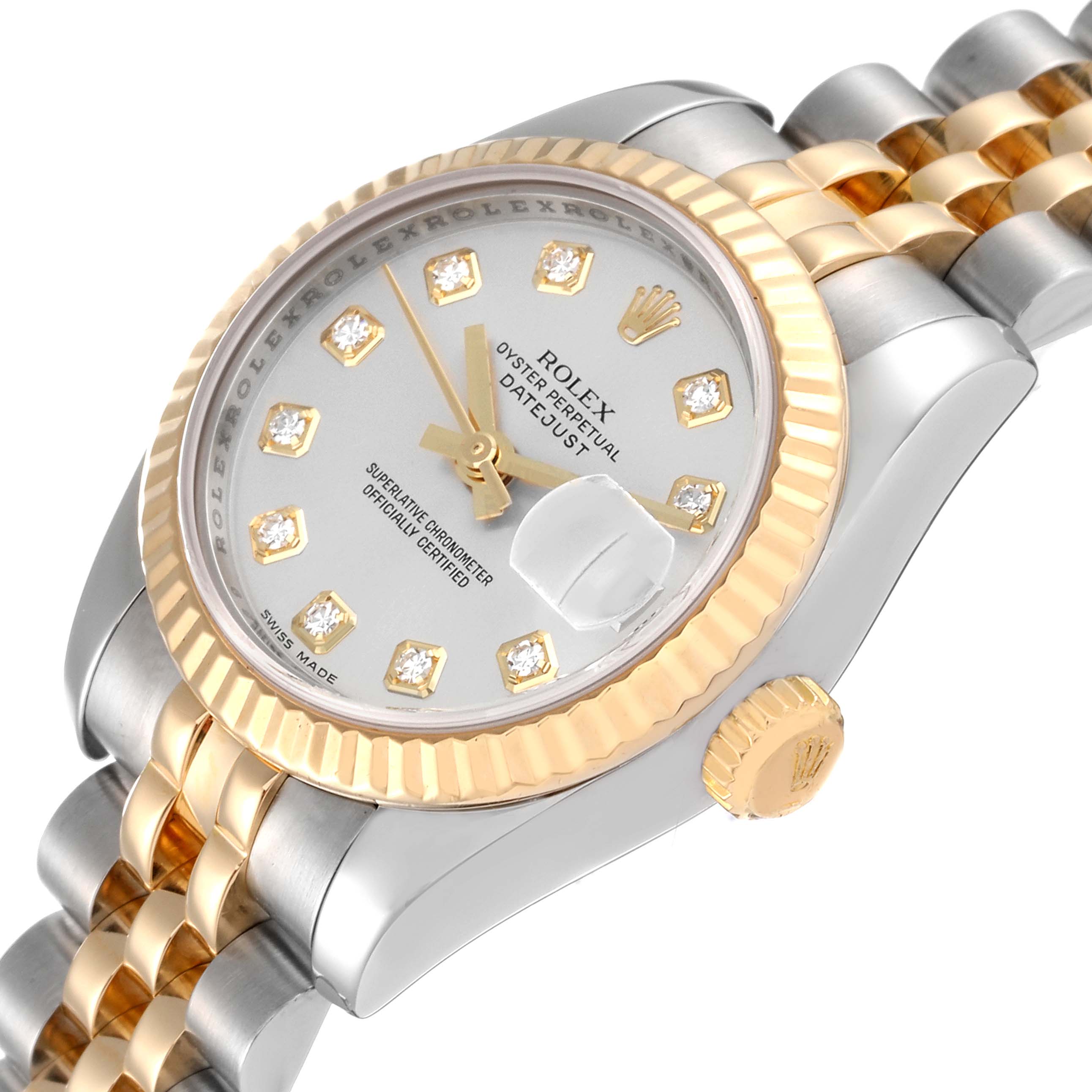 The image shows a Rolex Datejust 179173 Women's Steel and Gold (two tone) Silver Dial 179173 Women's Steel and Gold (two tone) Silver Dial watch from a tilted angle, displaying the dial, bezel, crown, and part of the bracelet.