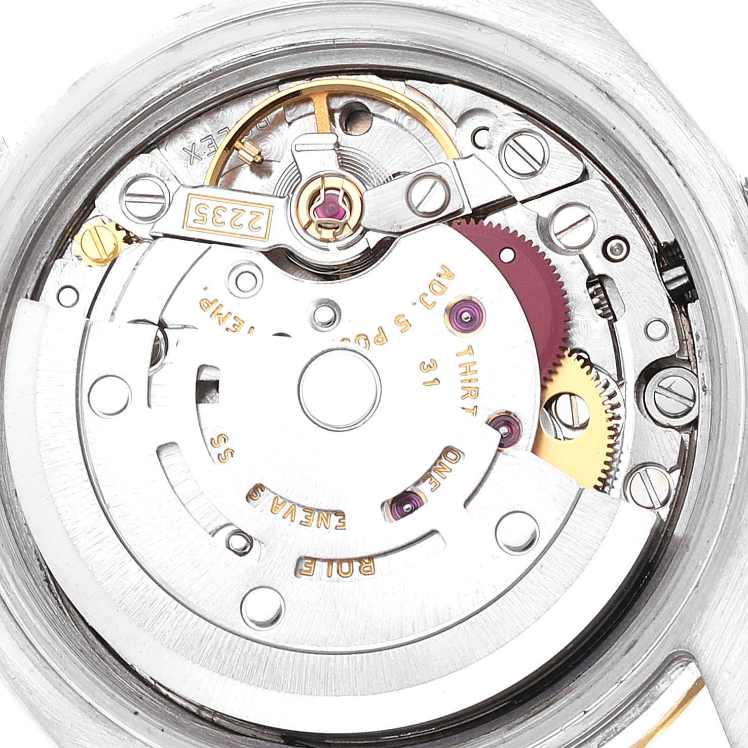 This image shows the internal mechanical movement of a Rolex Datejust 179173 Women's Steel and Gold (two tone) Silver Dial 179173 Women's Steel and Gold (two tone) Silver Dial watch from a top-down angle.