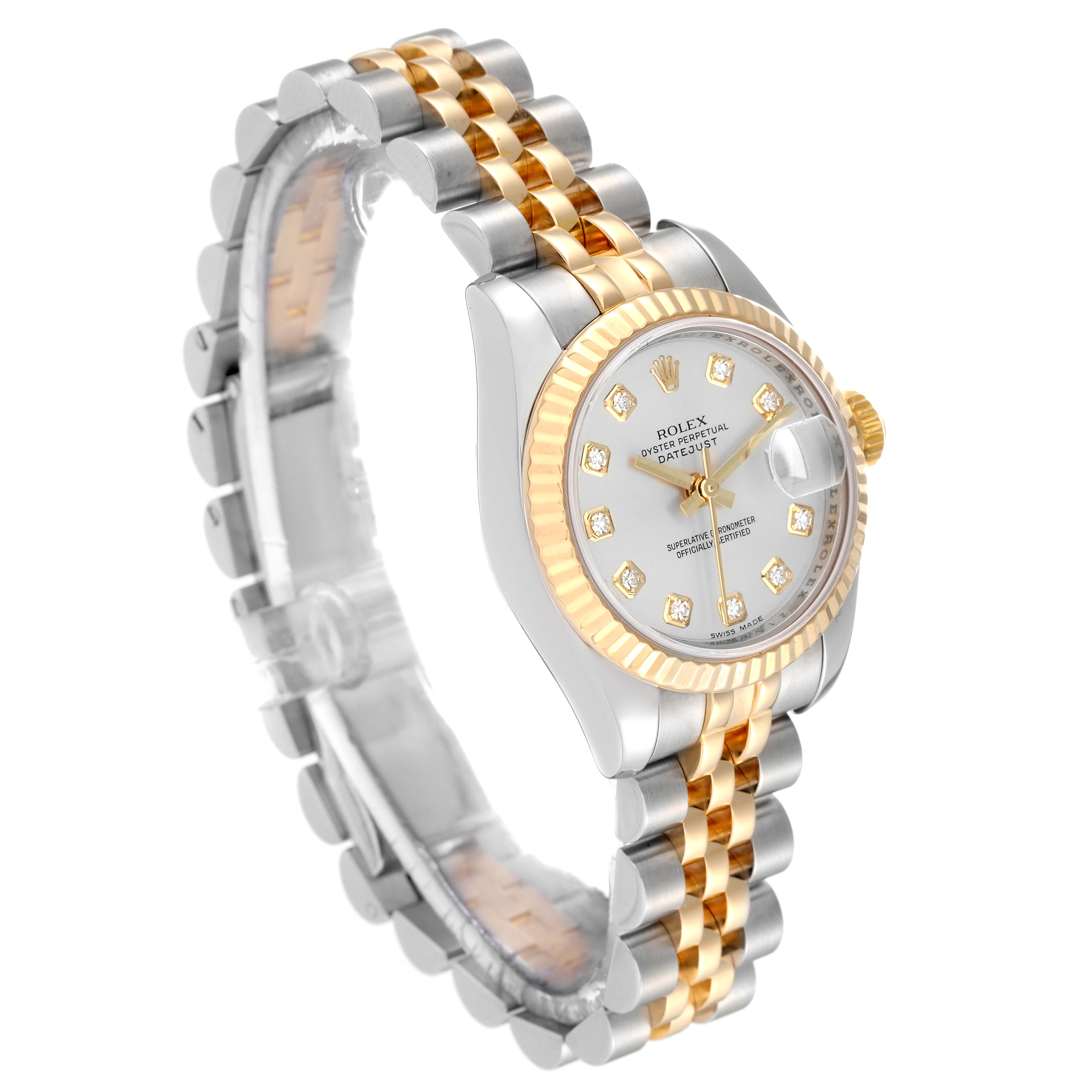 The image shows a Rolex Datejust 179173 Women's Steel and Gold (two tone) Silver Dial 179173 Women's Steel and Gold (two tone) Silver Dial watch angled from the side, highlighting its two-tone bracelet, fluted bezel, and diamond hour markers on the dial.