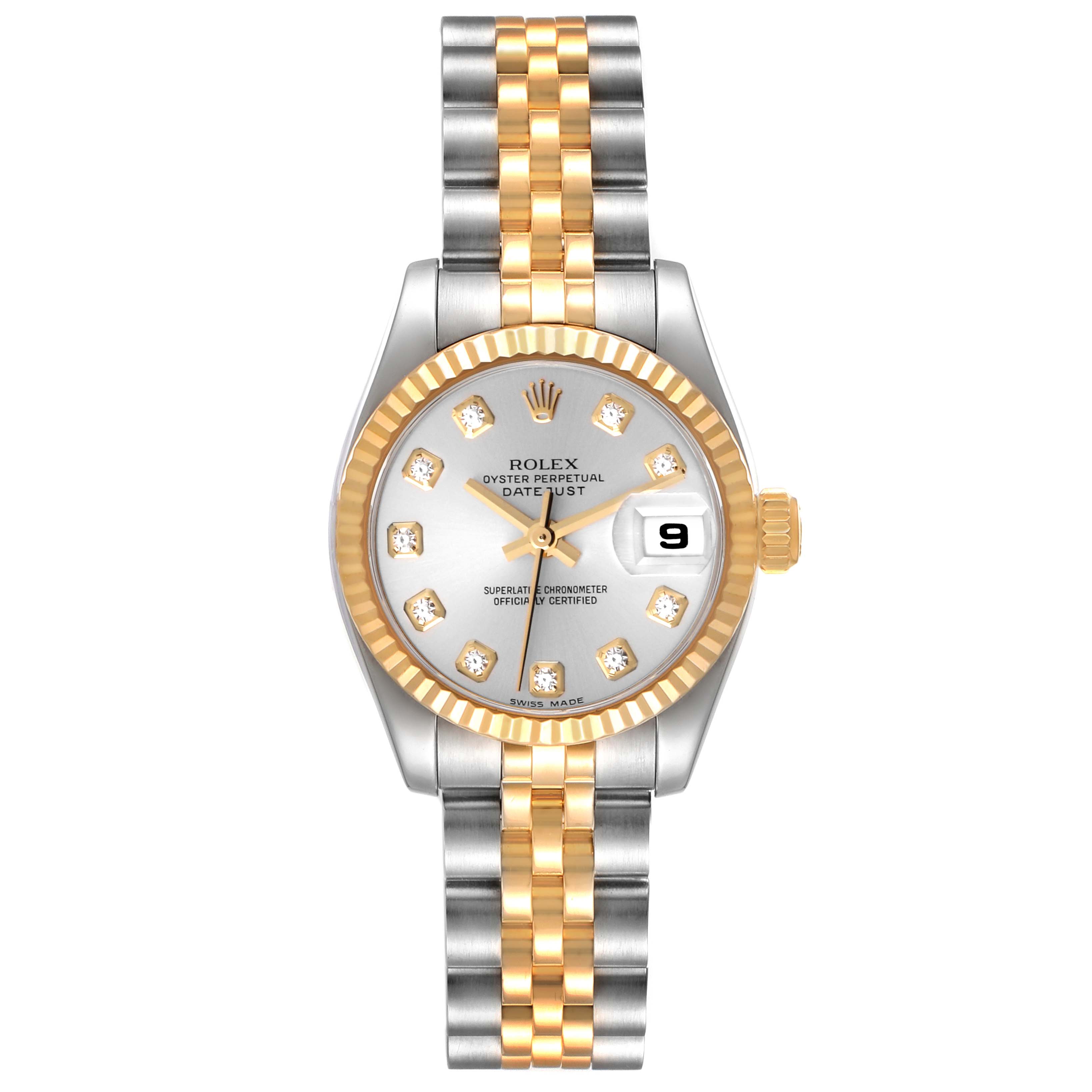 The Rolex Datejust 179173 Women's Steel and Gold (two tone) Silver Dial 179173 Women's Steel and Gold (two tone) Silver Dial watch is shown from a top-down angle, displaying its two-tone bracelet, fluted bezel, and dial with date window.