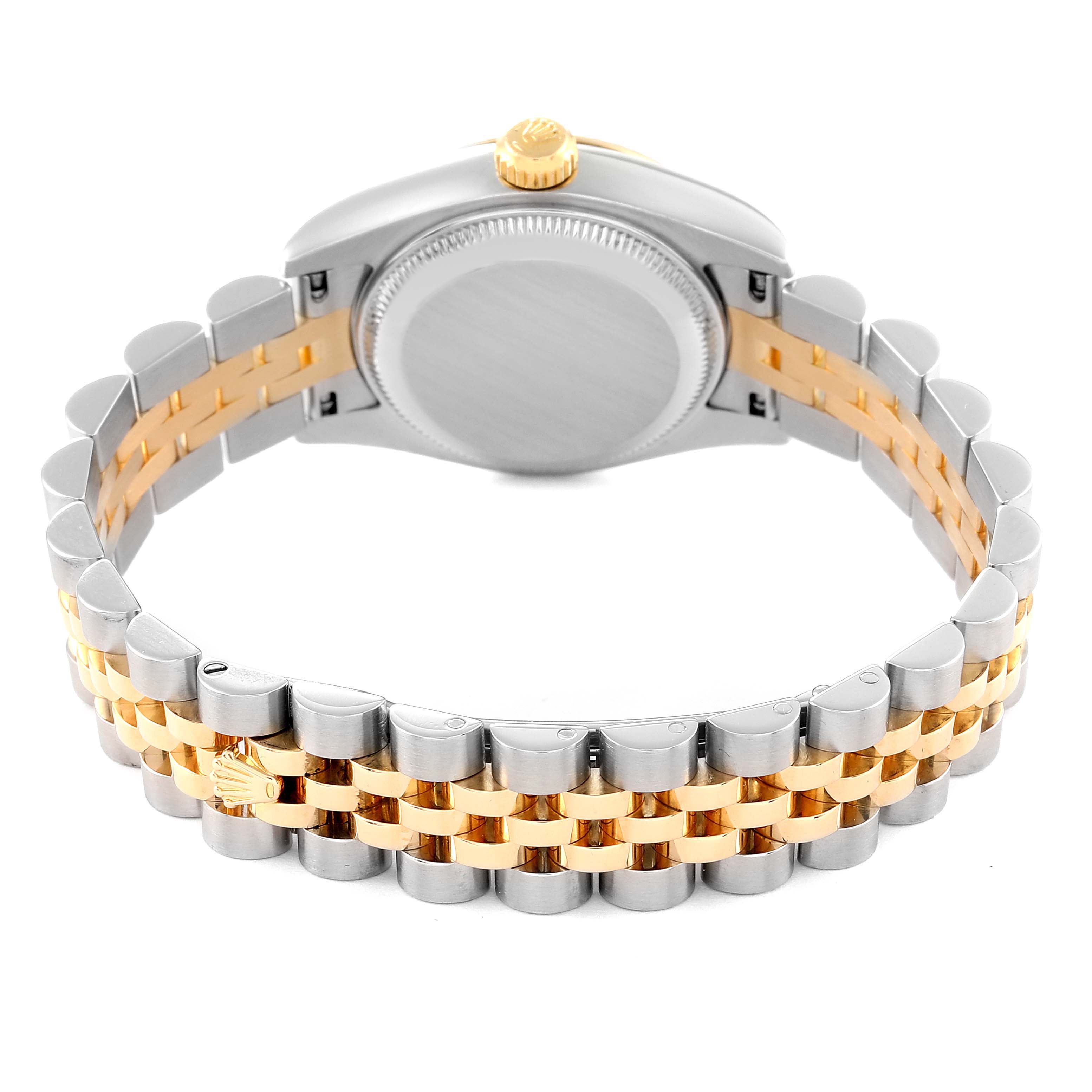 The image shows the back view of a Rolex Datejust 179173 Women's Steel and Gold (two tone) Silver Dial 179173 Women's Steel and Gold (two tone) Silver Dial, highlighting its silver and gold jubilee bracelet and case back.