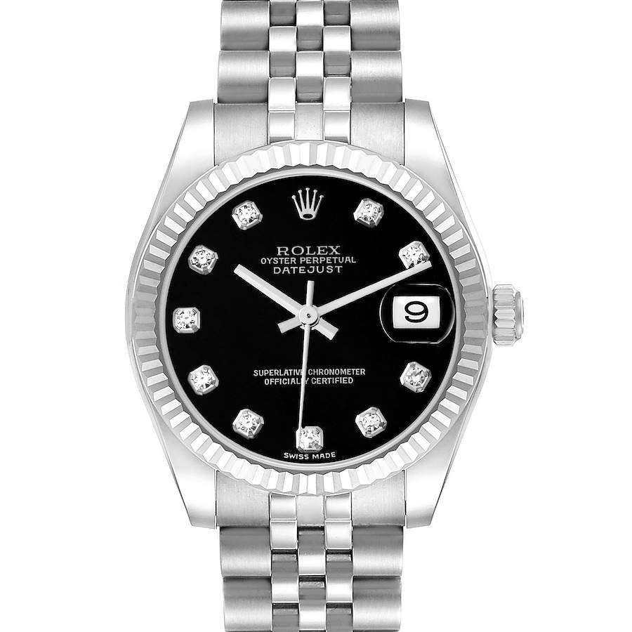 The Rolex Mid-Size watch is shown from a front angle, displaying the black dial, silver band, and fluted bezel.