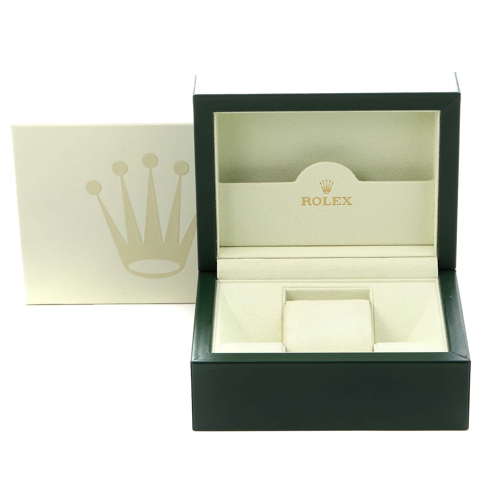 The image shows an open Rolex watch box, designed to hold a Mid-Size model, with the iconic logo on the interior.