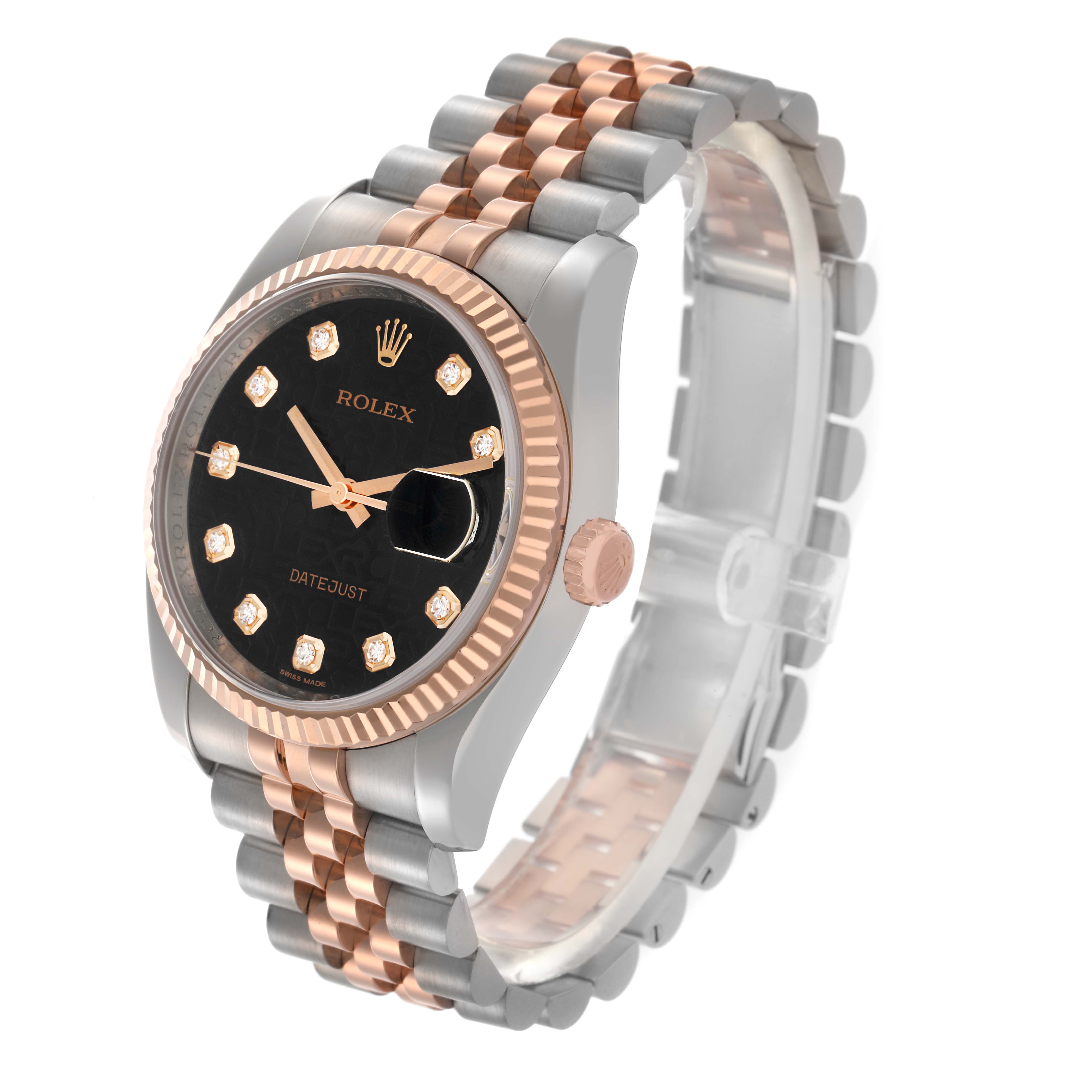 The Rolex Datejust 116231 Men
s Steel and Gold (two tone) Black Dial 116231 Men
s Steel and Gold (two tone) Black Dial watch is shown at a three-quarter angle, highlighting the bezel, dial, case, crown, and bracelet.