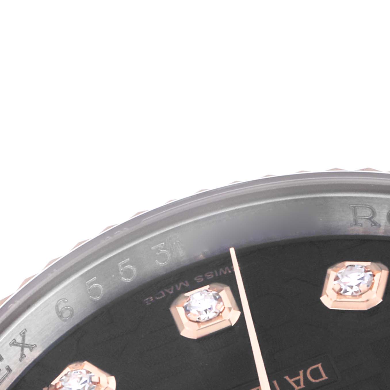 The image shows a close-up of the dial and bezel edge on a Rolex Datejust 116231 Men
s Steel and Gold (two tone) Black Dial 116231 Men
s Steel and Gold (two tone) Black Dial, featuring diamond markers.