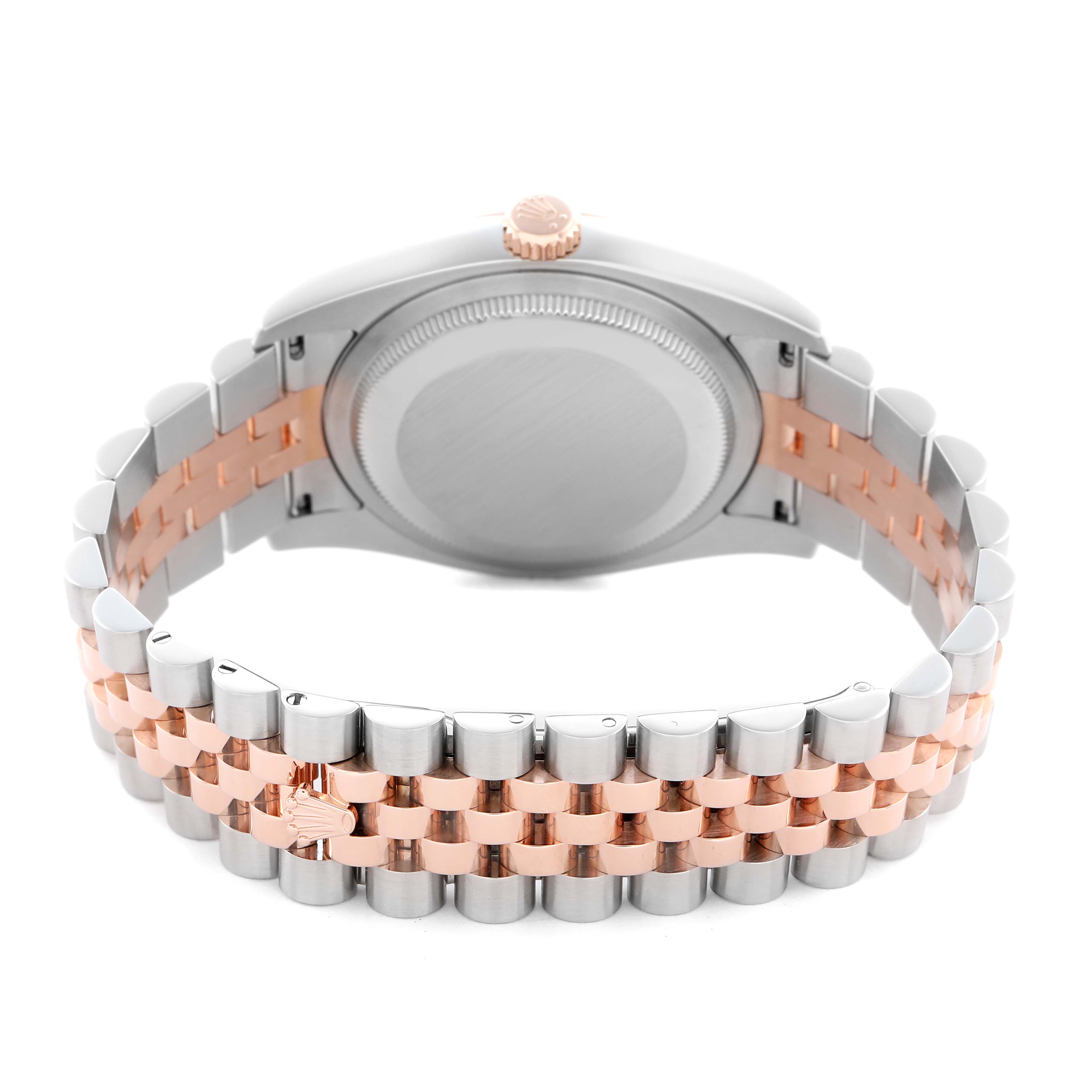 The image shows the back view of a Rolex Datejust 116231 Men
s Steel and Gold (two tone) Black Dial 116231 Men
s Steel and Gold (two tone) Black Dial watch, highlighting the case back and two-tone bracelet.