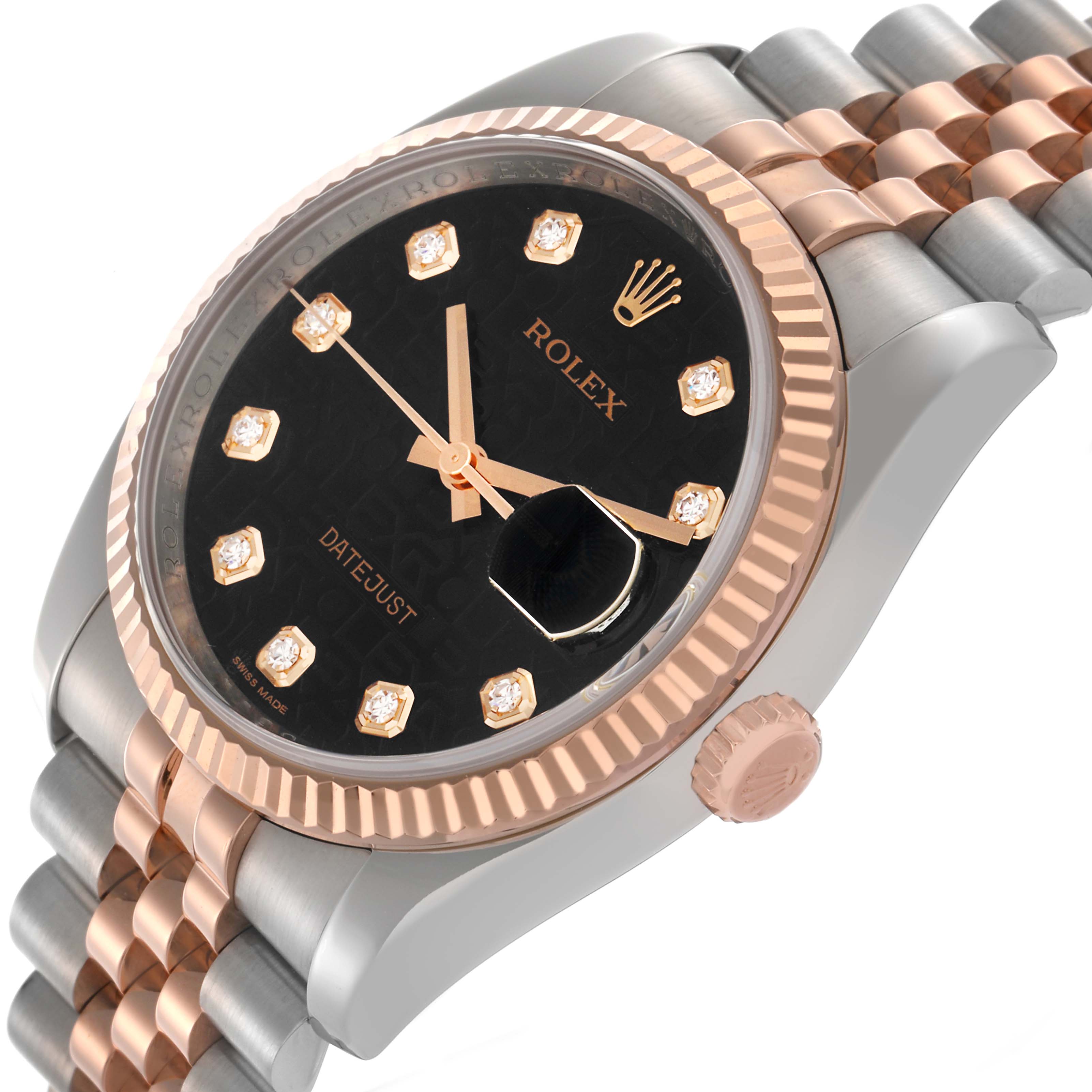 The Rolex Datejust 116231 Men
s Steel and Gold (two tone) Black Dial 116231 Men
s Steel and Gold (two tone) Black Dial watch is shown at an angled view highlighting the bezel, dial, crown, and two-tone Jubilee bracelet.