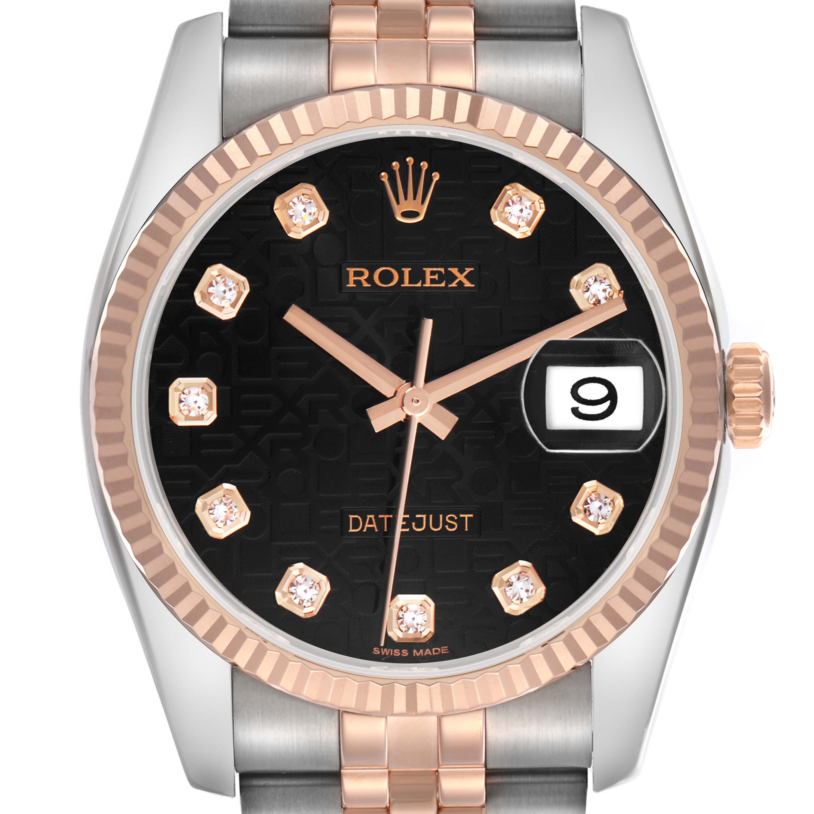 The image shows a Rolex Datejust 116231 Men
s Steel and Gold (two tone) Black Dial 116231 Men
s Steel and Gold (two tone) Black Dial watch face from the front, highlighting the dial, markers, hands, date, and bezel.