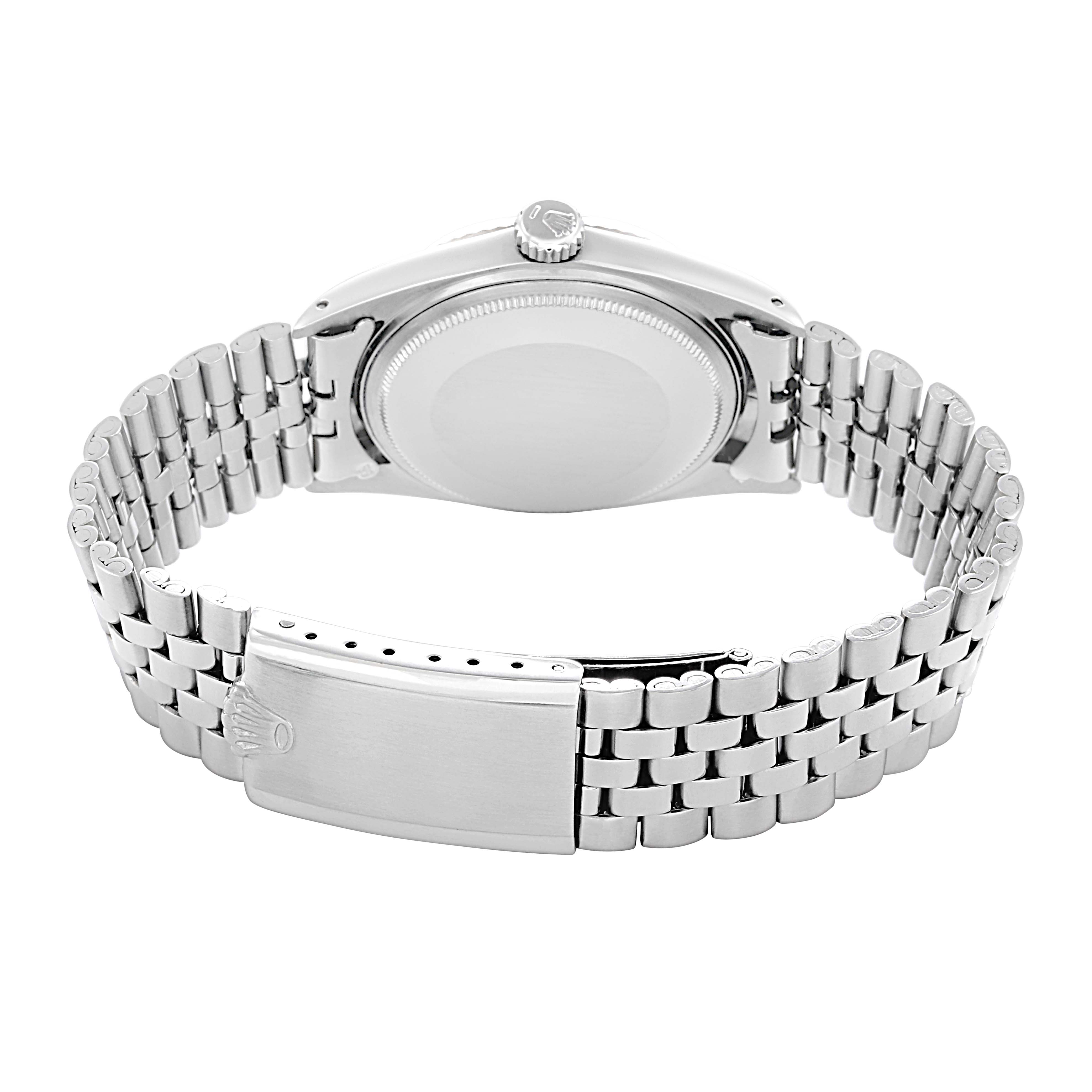 The Rolex Datejust 1601 Men
s Stainless Steel Silver Dial 1601 Men
s Stainless Steel Silver Dial watch is shown from the back, highlighting the bracelet and clasp.