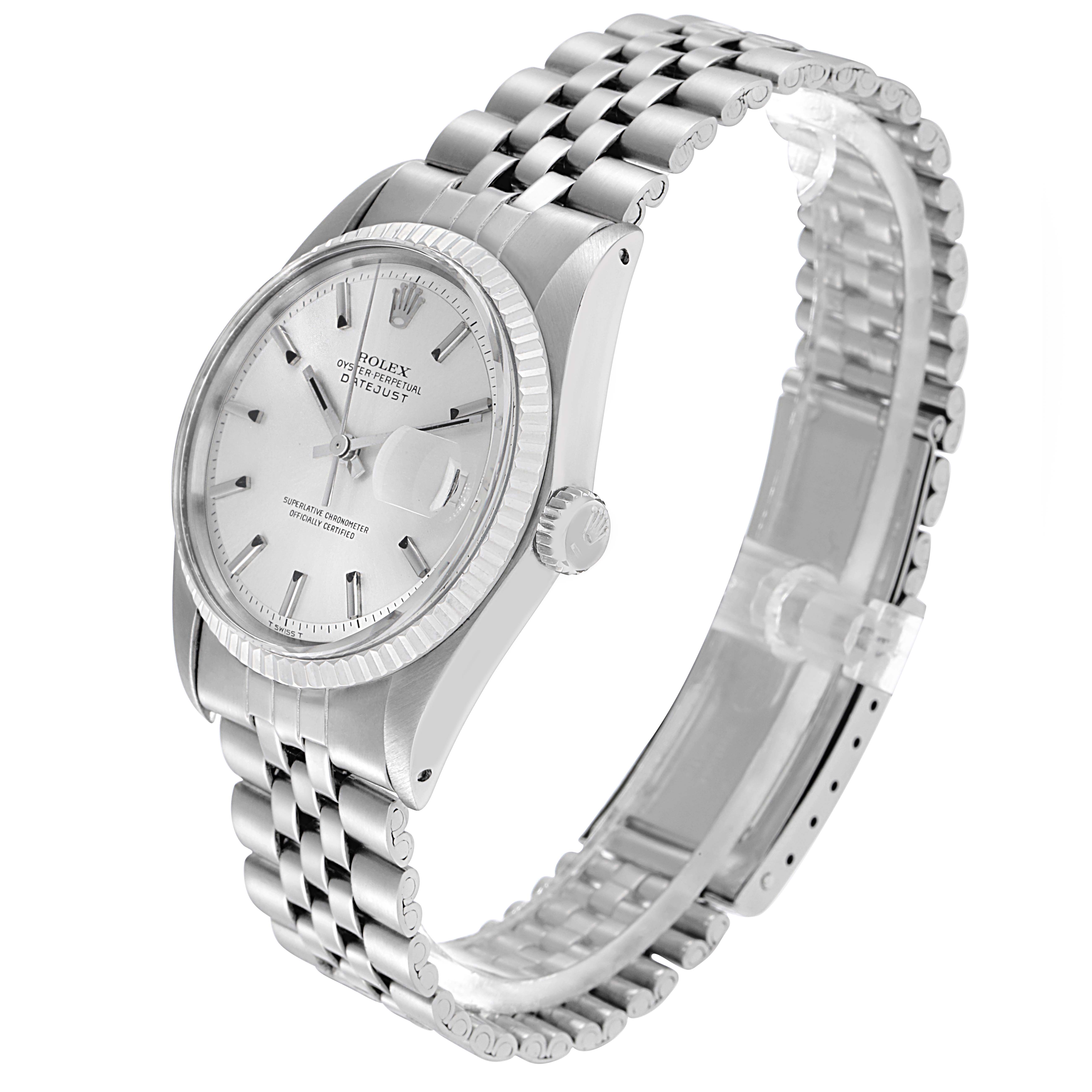 The Rolex Datejust 1601 Men
s Stainless Steel Silver Dial 1601 Men
s Stainless Steel Silver Dial watch is shown from a front-side angle, displaying the dial, fluted bezel, crown, and Jubilee bracelet.