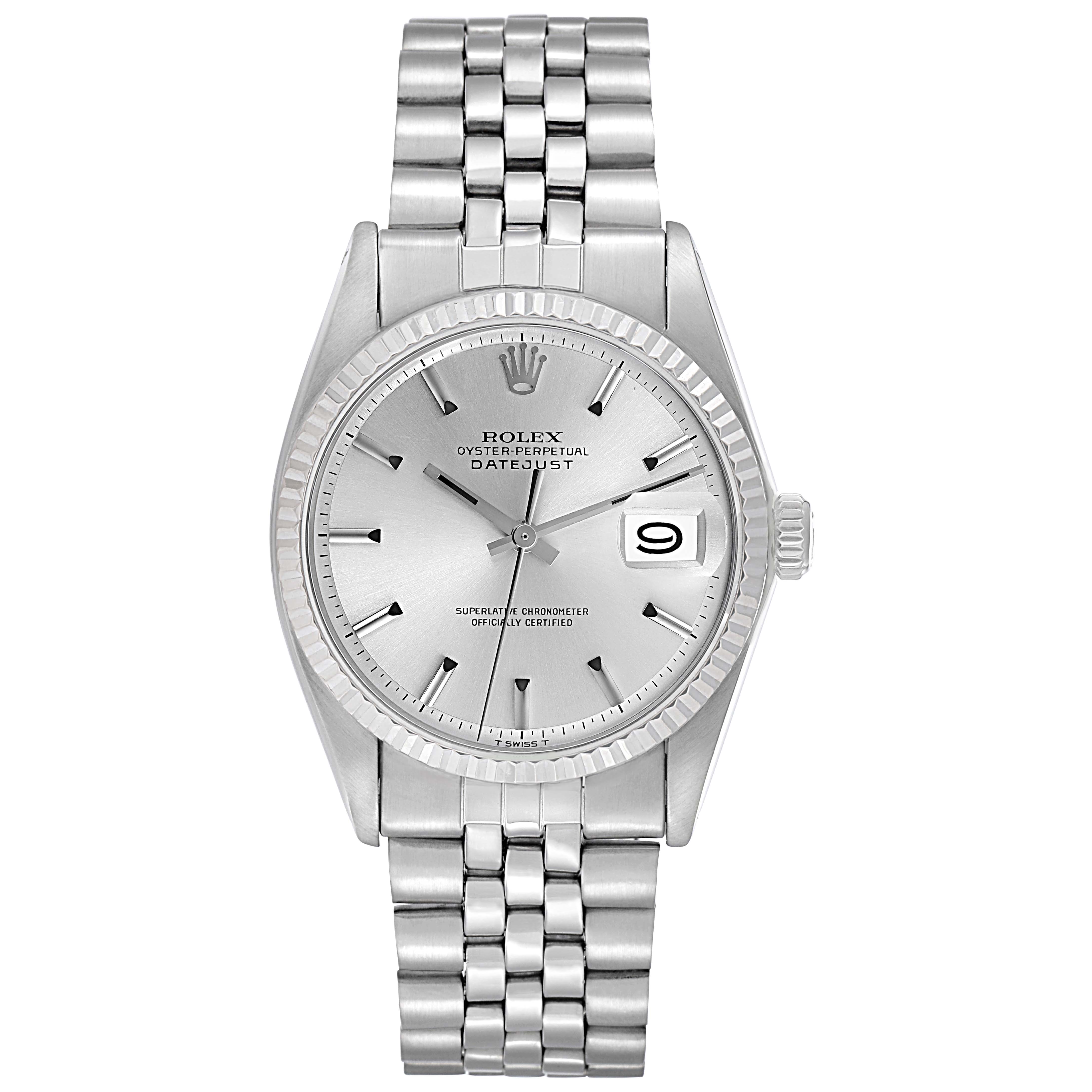 The Rolex Datejust 1601 Men
s Stainless Steel Silver Dial 1601 Men
s Stainless Steel Silver Dial watch is shown from the front, featuring the dial, bezel, bracelet, and the date window.
