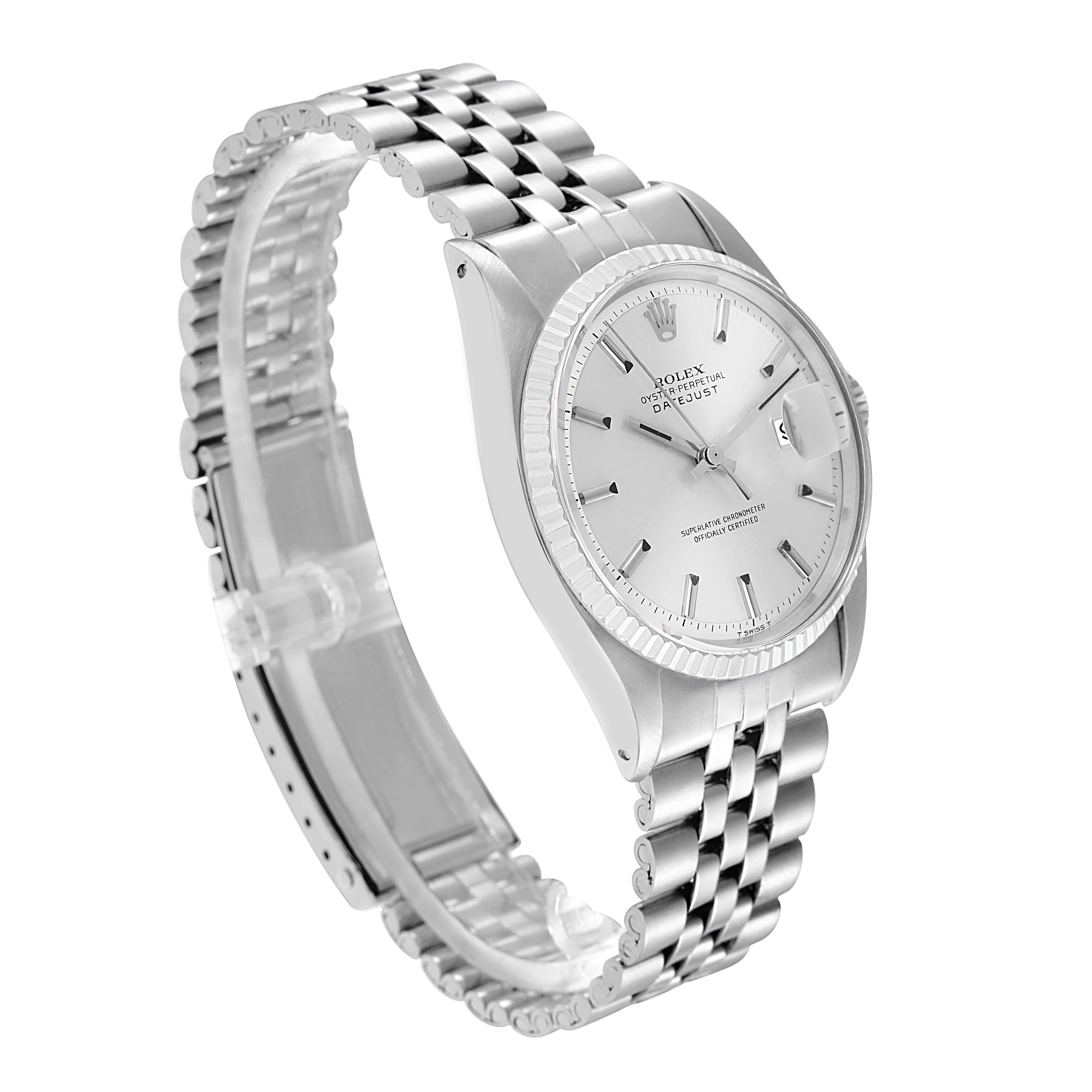 The Rolex Datejust 1601 Men
s Stainless Steel Silver Dial 1601 Men
s Stainless Steel Silver Dial watch is shown from a front-left angle, displaying its face, bezel, and Jubilee bracelet.