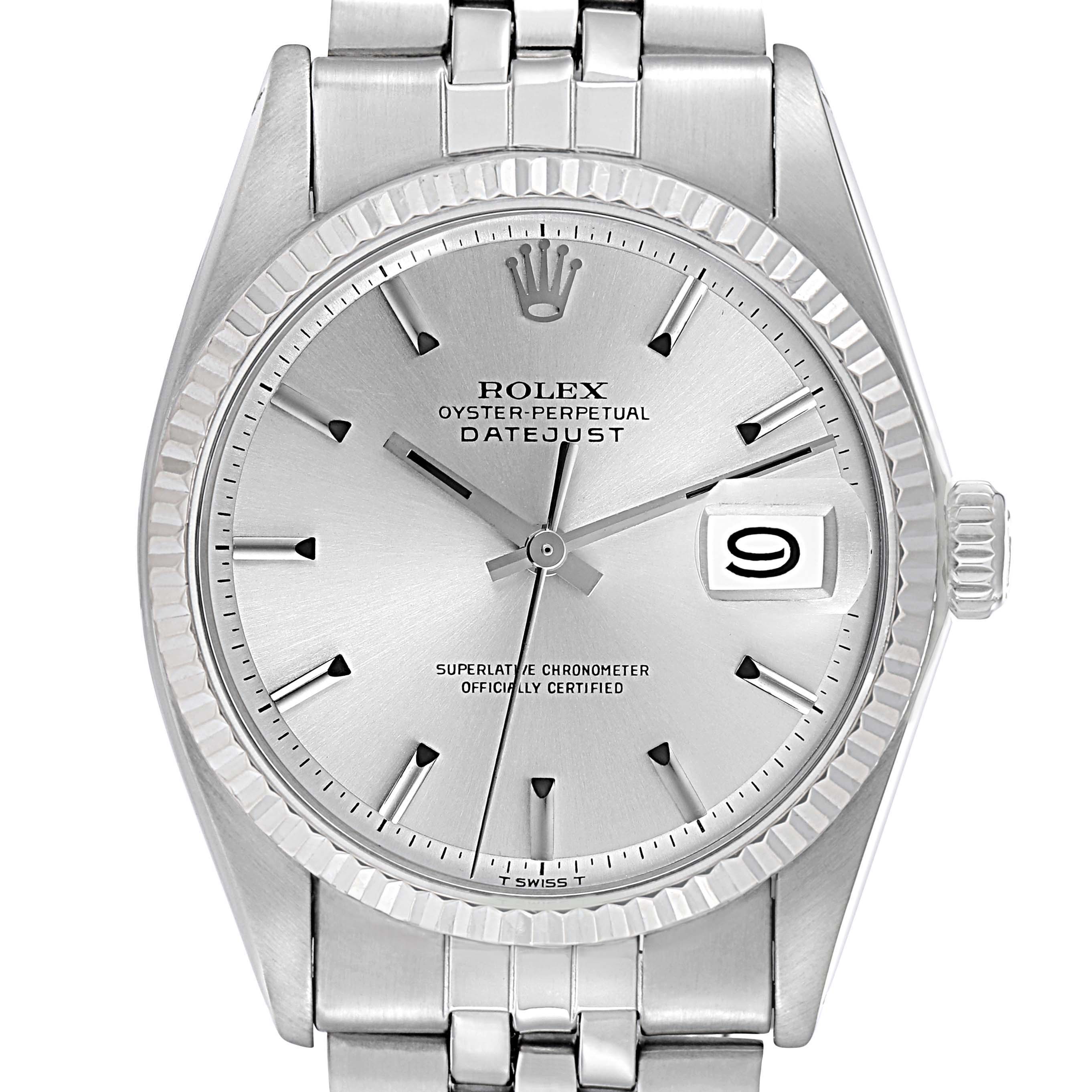 The Rolex Datejust 1601 Men
s Stainless Steel Silver Dial 1601 Men
s Stainless Steel Silver Dial watch is shown from a front angle, highlighting its dial, hands, bezel, and part of the bracelet.