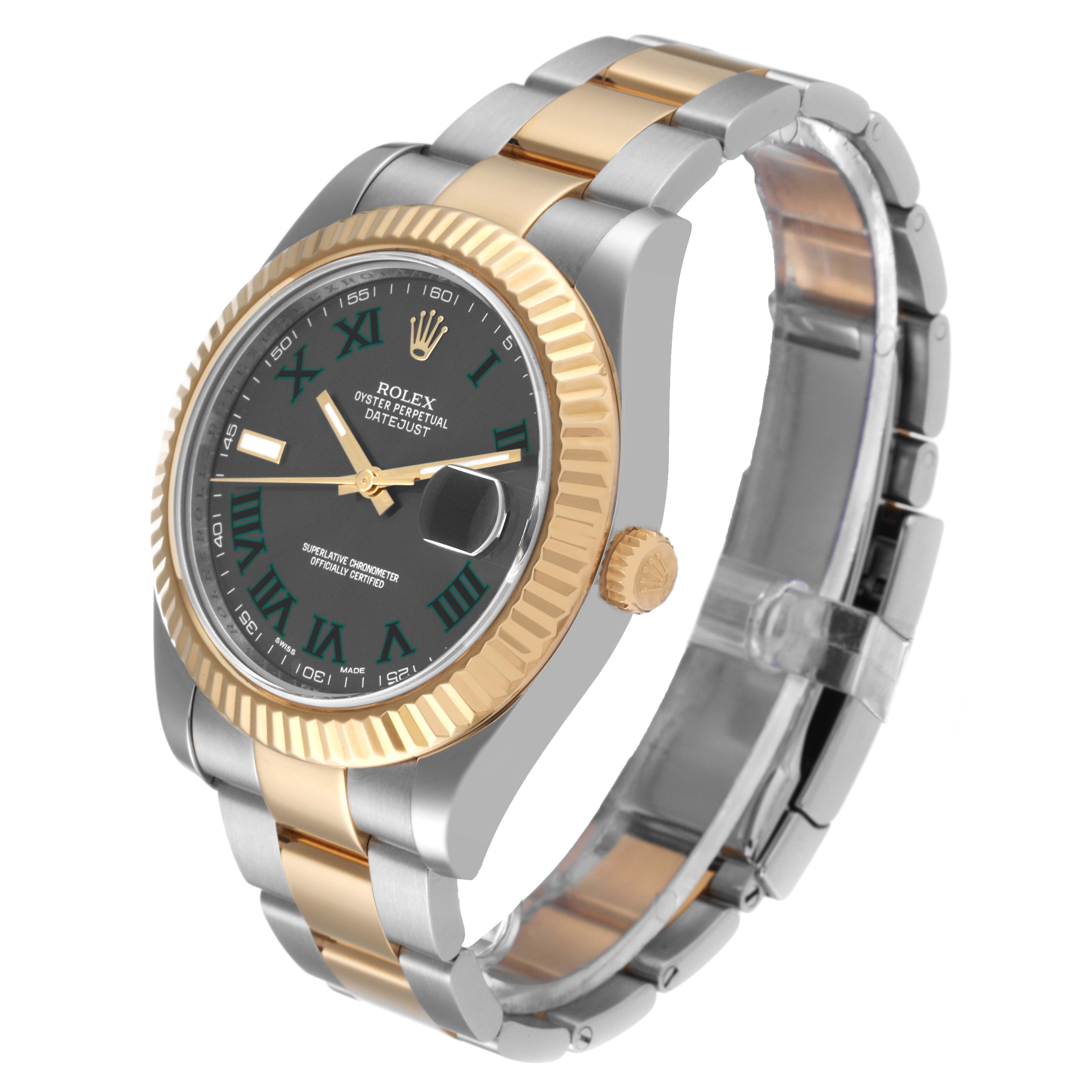 The image shows a Rolex Datejust 41 116333 Men's Steel and Gold (two tone) Grey Dial 116333 Men's Steel and Gold (two tone) Grey Dial watch at a three-quarter angle, highlighting its two-tone bracelet, black dial, and fluted bezel.