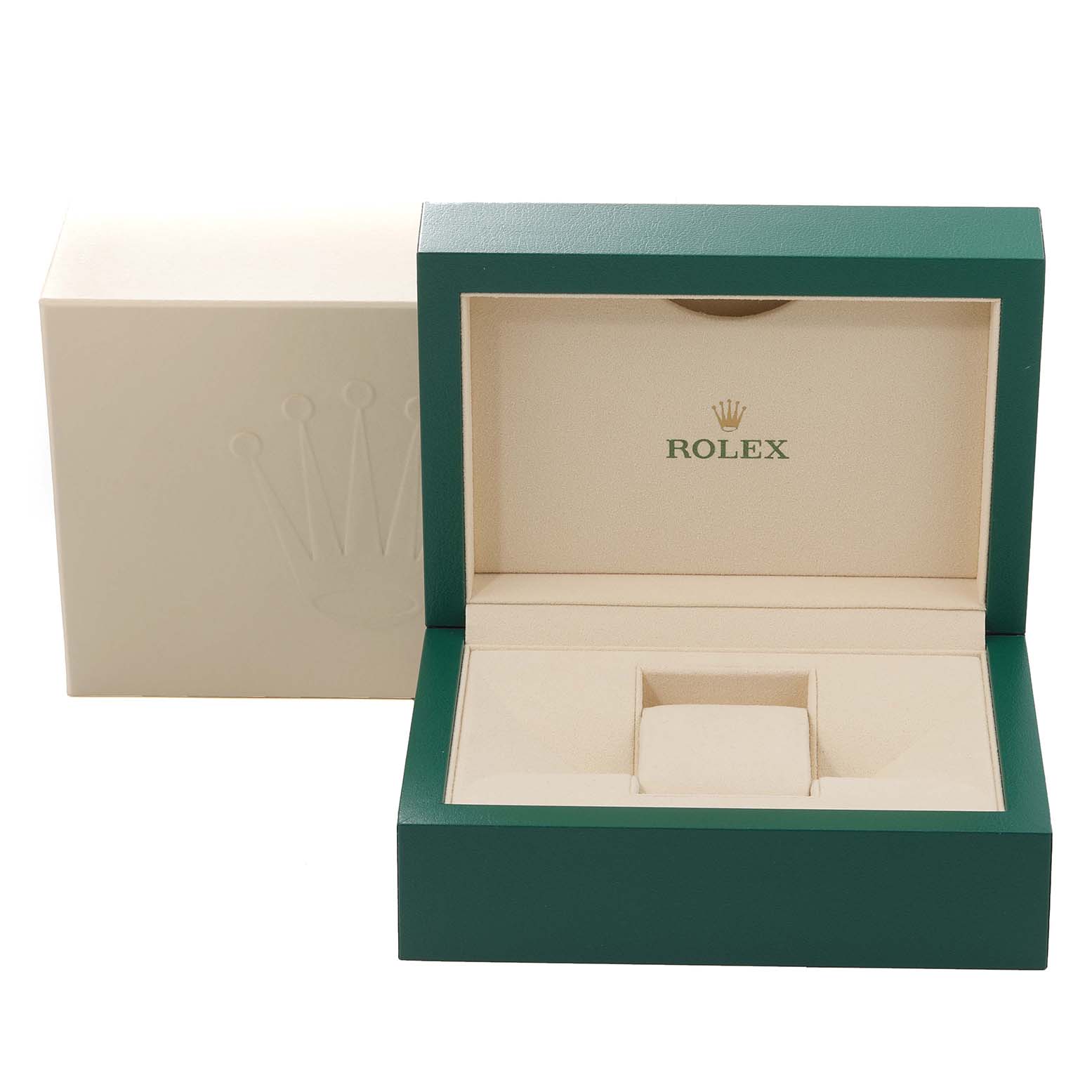 The image shows an empty Rolex Datejust 41 116333 Men's Steel and Gold (two tone) Grey Dial 116333 Men's Steel and Gold (two tone) Grey Dial watch box with its lid open, displaying the interior jewelry holder.