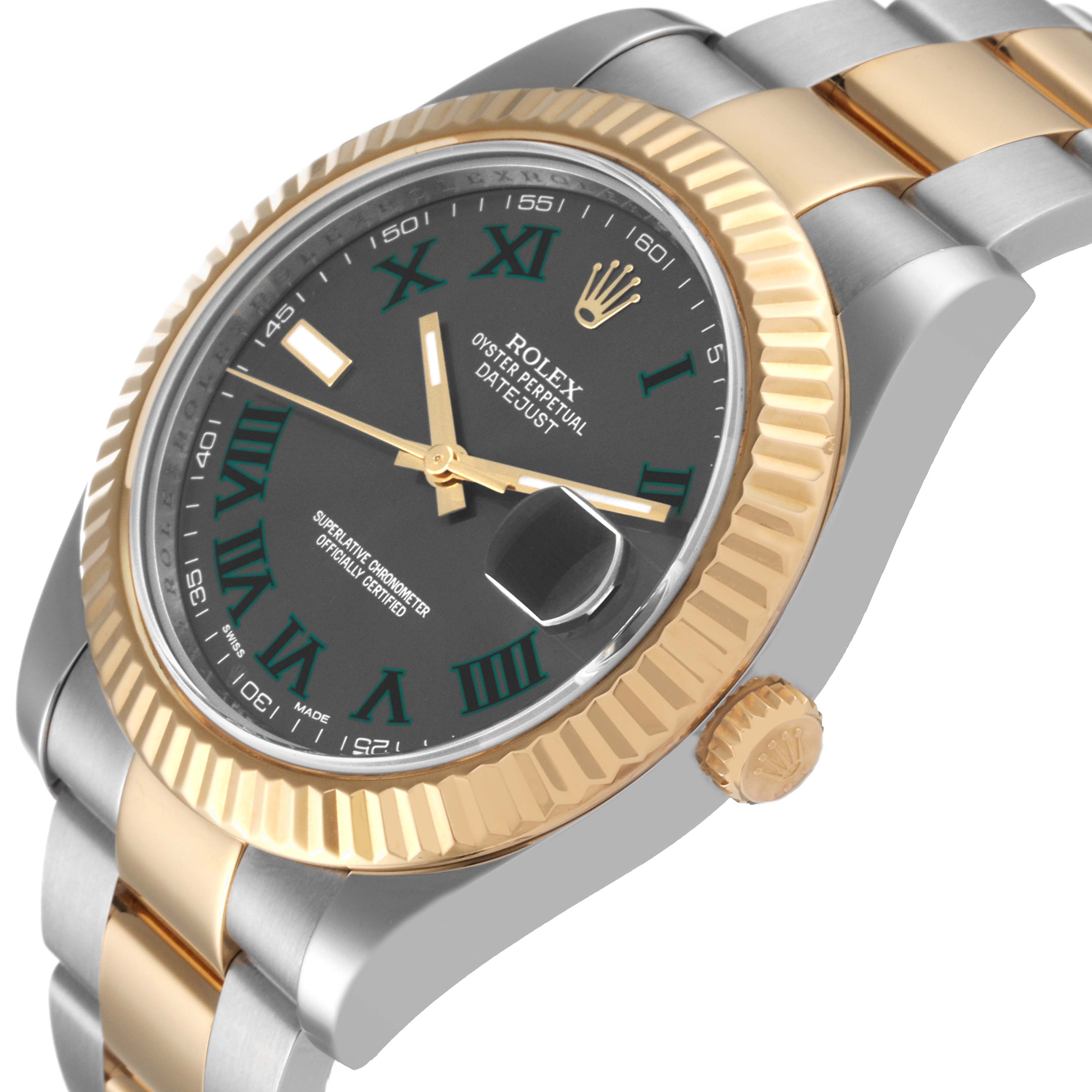 The image shows a close-up angle of the Rolex Datejust 41 116333 Men's Steel and Gold (two tone) Grey Dial 116333 Men's Steel and Gold (two tone) Grey Dial watch, highlighting its dial, bezel, and part of the bracelet.
