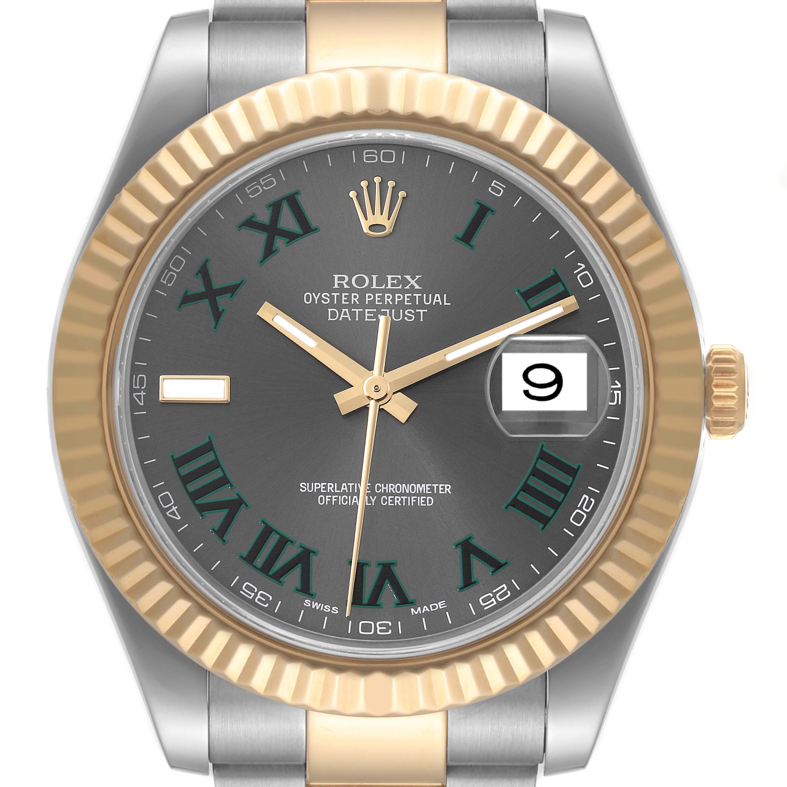 This Rolex Datejust 41 116333 Men's Steel and Gold (two tone) Grey Dial 116333 Men's Steel and Gold (two tone) Grey Dial watch is shown from a front view, highlighting its dial, Roman numerals, fluted bezel, and date window.