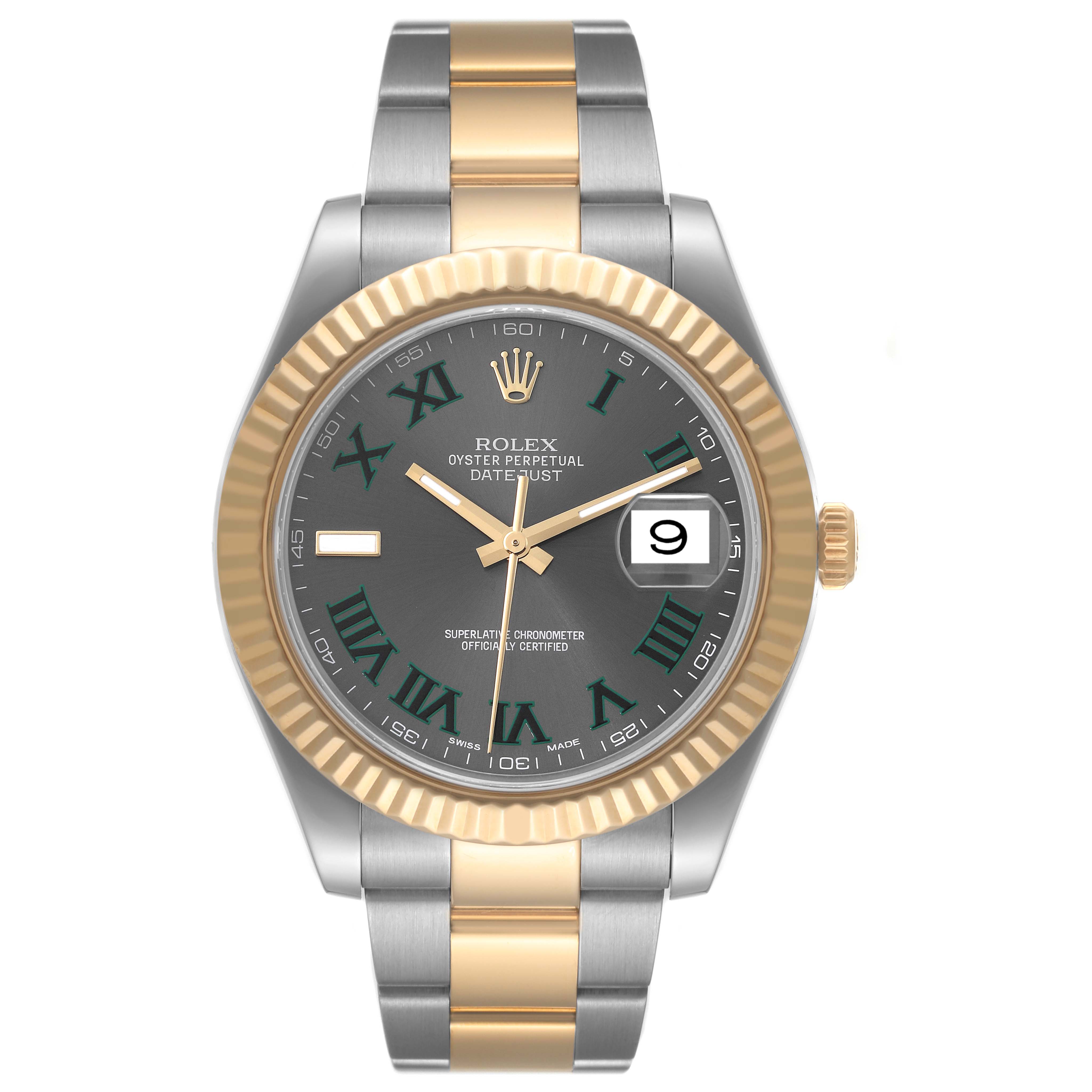 The image shows a front view of the Rolex Datejust 41 116333 Men's Steel and Gold (two tone) Grey Dial 116333 Men's Steel and Gold (two tone) Grey Dial watch, displaying its two-tone bracelet and dial with Roman numerals.