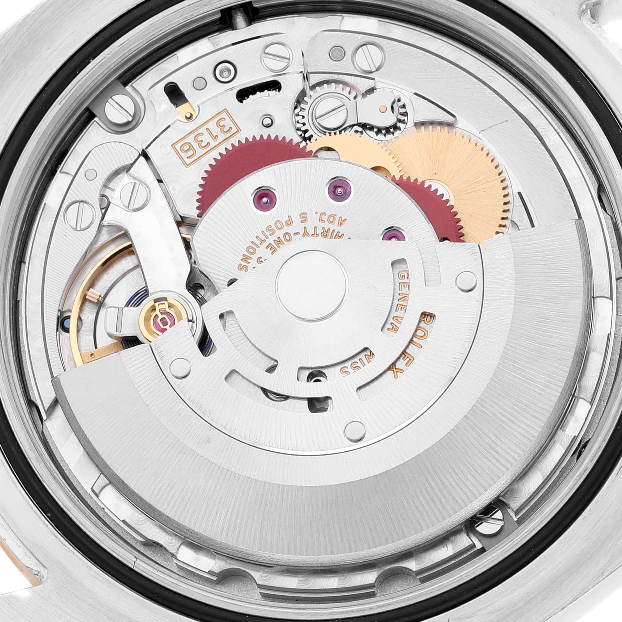 This image shows the intricate movement mechanism of the Rolex Datejust 41 116333 Men's Steel and Gold (two tone) Grey Dial 116333 Men's Steel and Gold (two tone) Grey Dial model, viewed from the back.