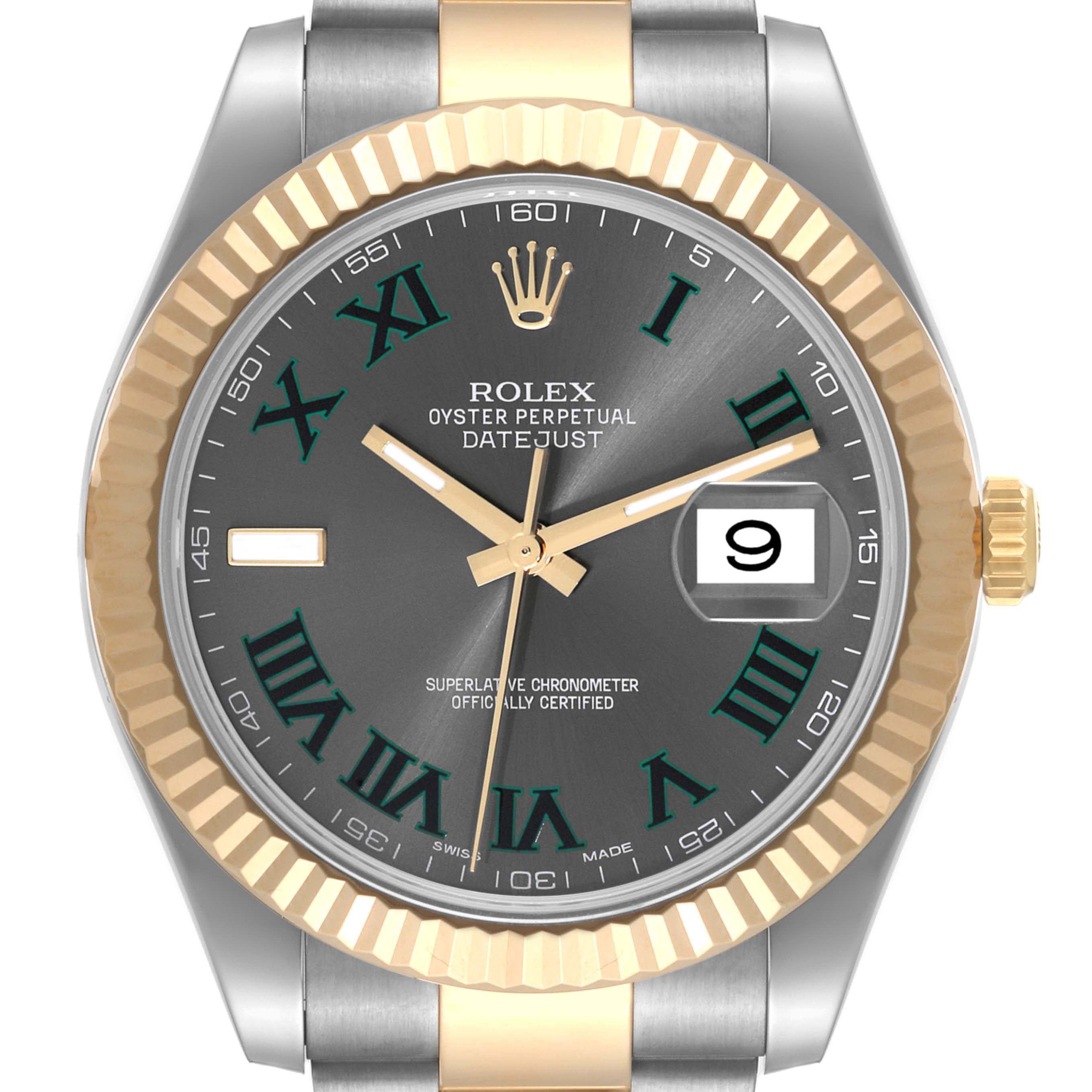 The image shows a frontal view of the Rolex Datejust 41 116333 Men's Steel and Gold (two tone) Grey Dial 116333 Men's Steel and Gold (two tone) Grey Dial, highlighting its dial, hands, date window, and fluted bezel.