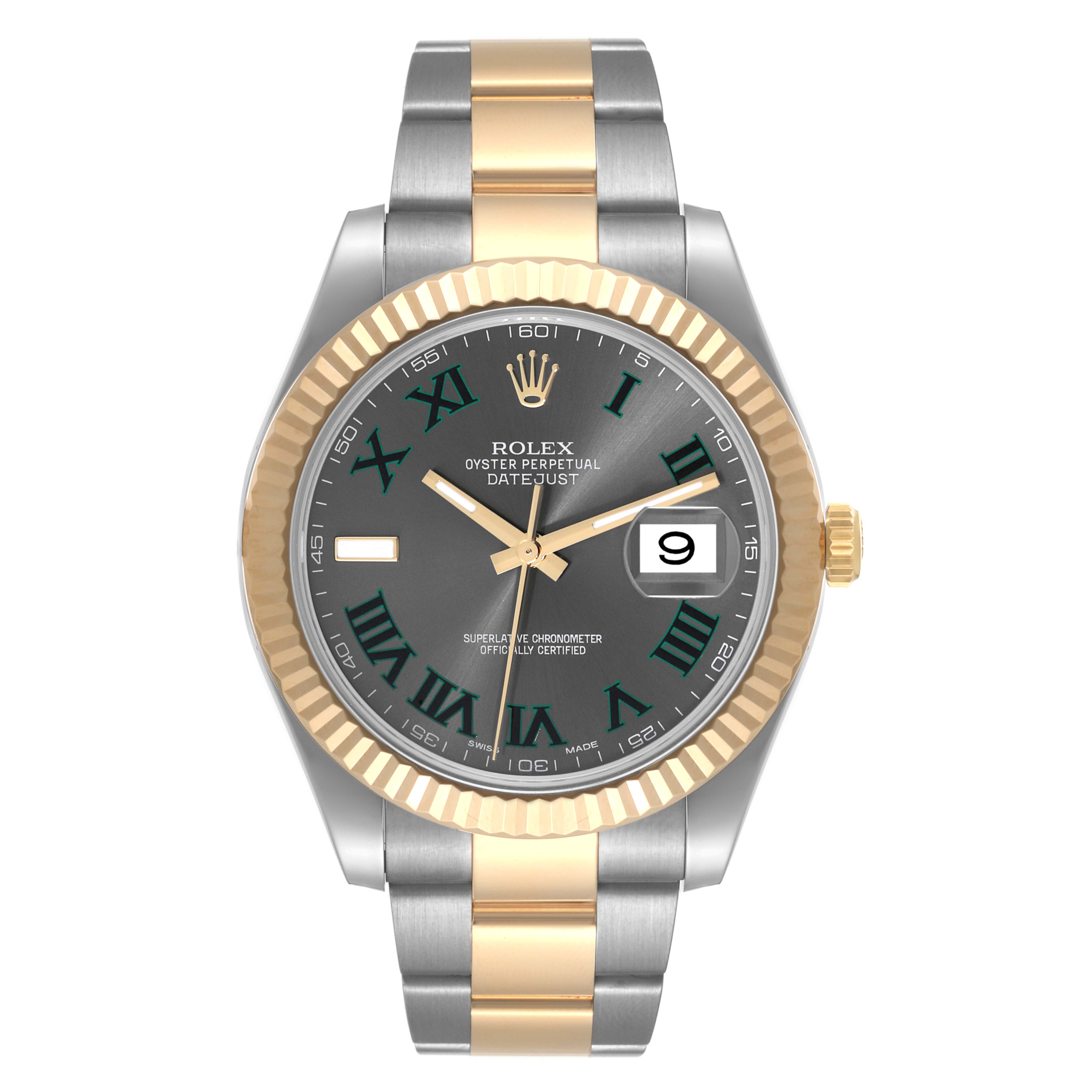 This Rolex Datejust 41 116333 Men's Steel and Gold (two tone) Grey Dial 116333 Men's Steel and Gold (two tone) Grey Dial watch is shown from a front angle, highlighting its dial, bezel, and Jubilee bracelet.