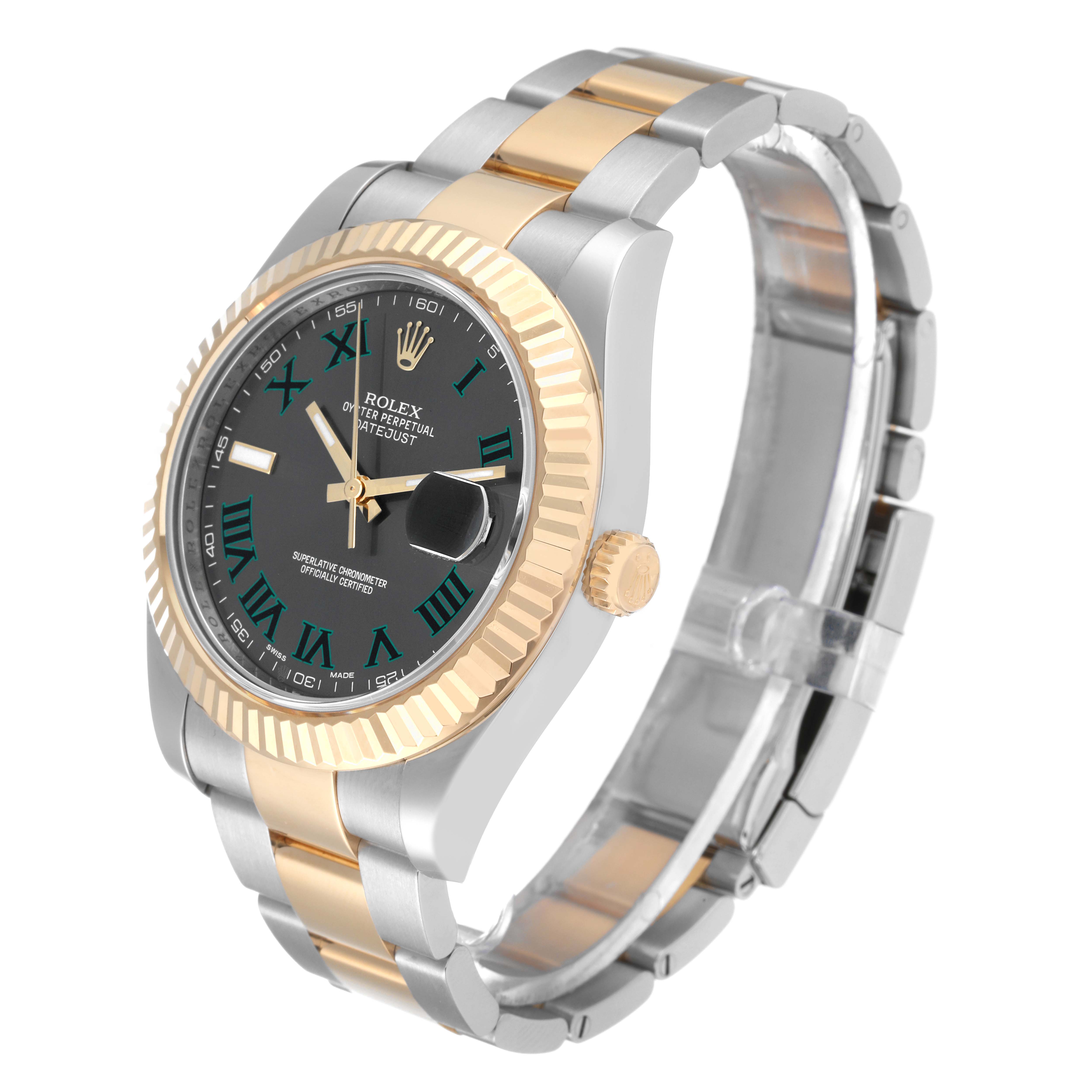 The Rolex Datejust 41 116333 Men's Steel and Gold (two tone) Grey Dial 116333 Men's Steel and Gold (two tone) Grey Dial is shown from an oblique angle, highlighting its gold and silver bracelet, fluted bezel, and black dial.
