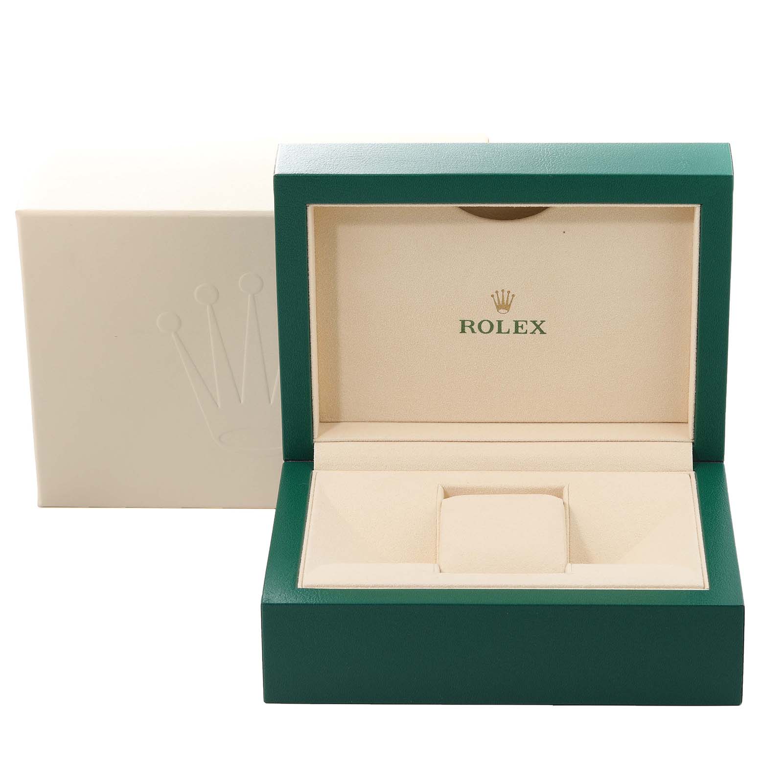 This image shows the open box for the Rolex Datejust 41 116333 Men's Steel and Gold (two tone) Grey Dial 116333 Men's Steel and Gold (two tone) Grey Dial with the brand's logo inside.
