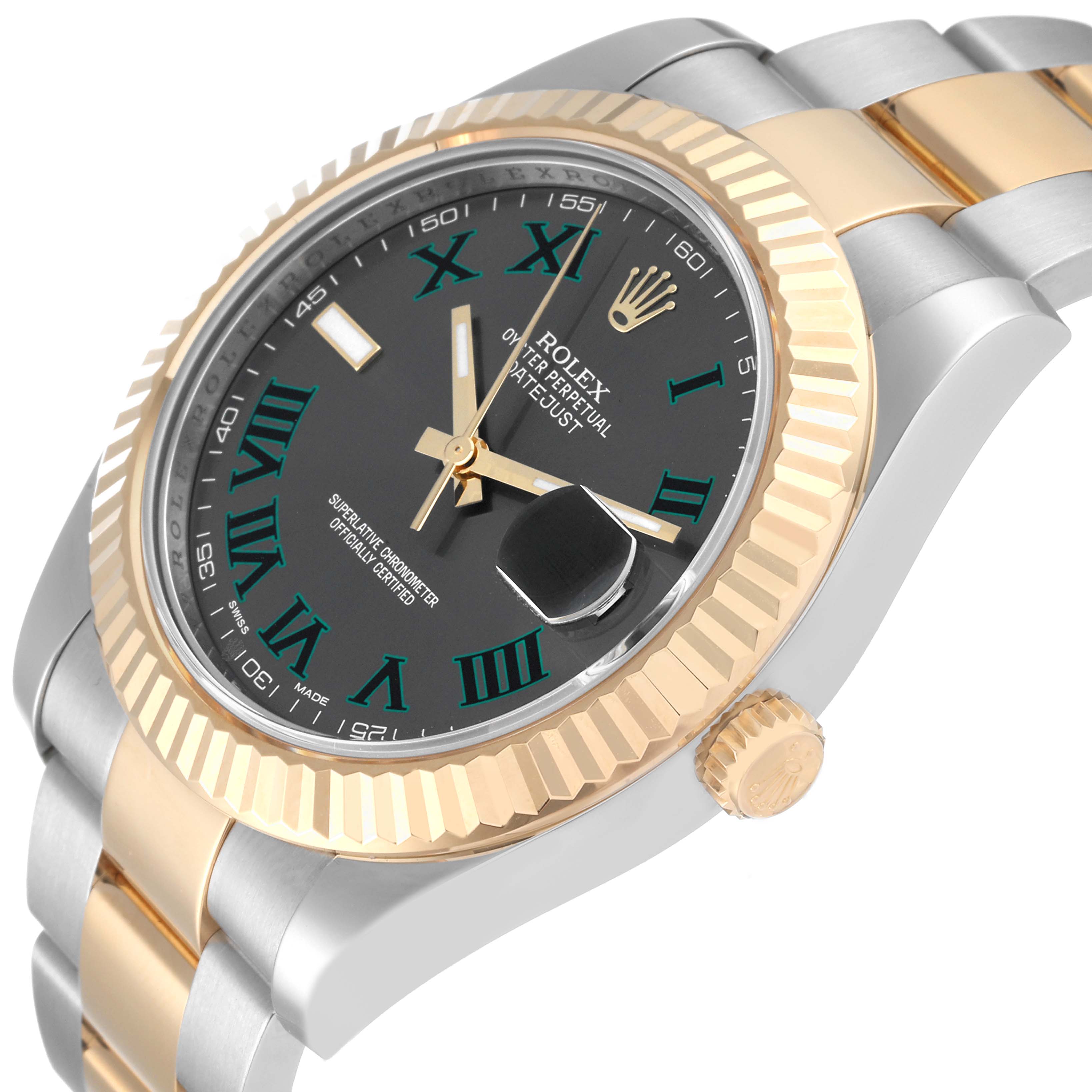 The Rolex Datejust 41 116333 Men's Steel and Gold (two tone) Grey Dial 116333 Men's Steel and Gold (two tone) Grey Dial model is shown from a side angle, highlighting the bezel, crown, and part of the bracelet.
