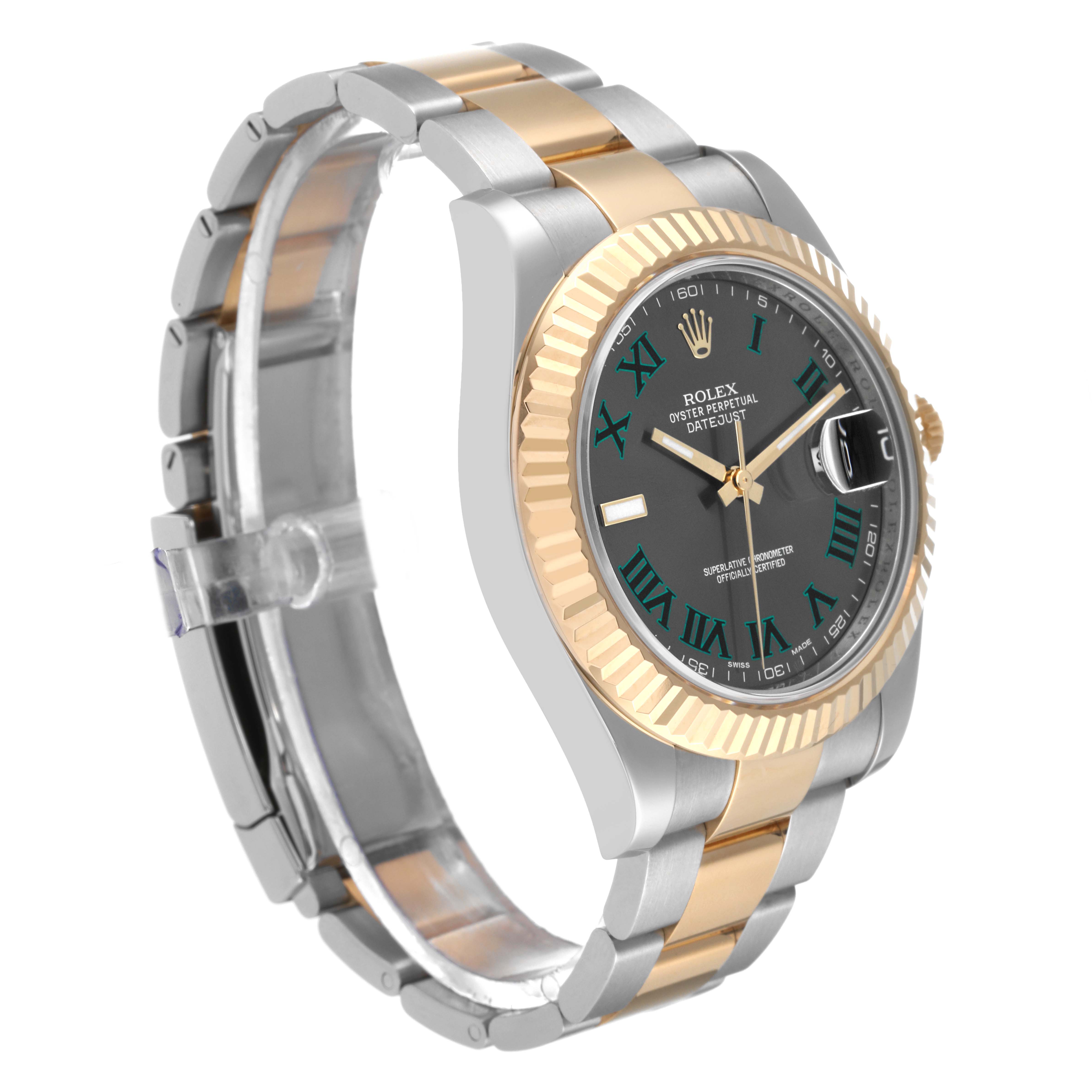 The Rolex Datejust 41 116333 Men's Steel and Gold (two tone) Grey Dial 116333 Men's Steel and Gold (two tone) Grey Dial watch is shown at an angle displaying the dial, bezel, and part of the bracelet.