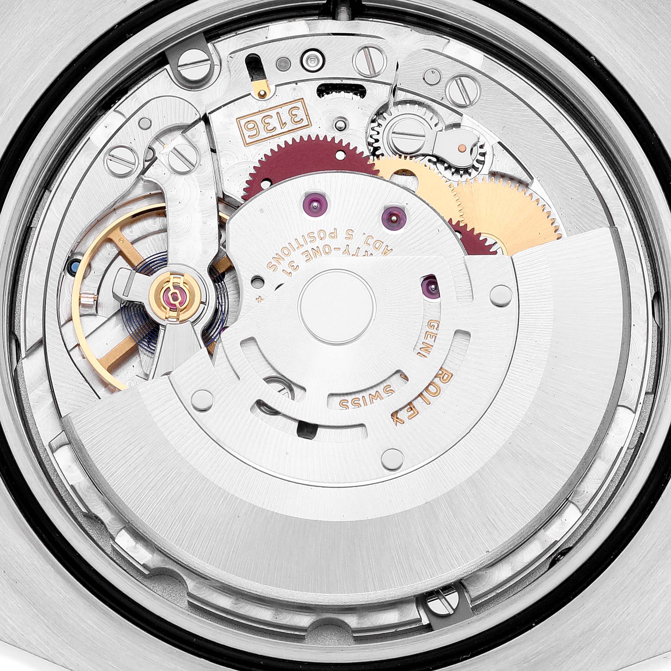 The image shows a close-up of the Rolex Datejust 41 116333 Men's Steel and Gold (two tone) Grey Dial 116333 Men's Steel and Gold (two tone) Grey Dial movement, highlighting its internal mechanical components.