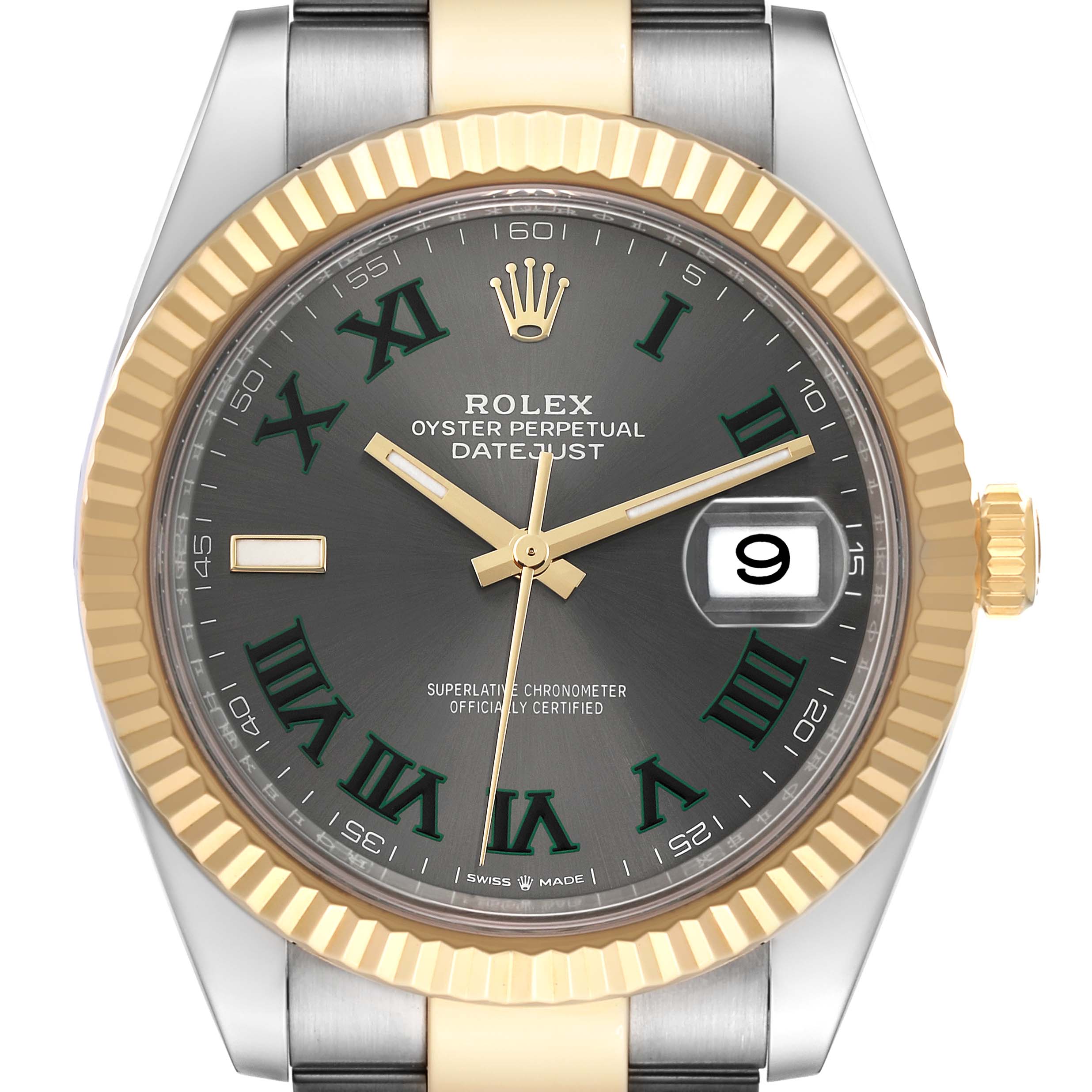 The Rolex Datejust 41 126333 Men
s Steel and Gold (two tone) Grey Dial 126333 Men
s Steel and Gold (two tone) Grey Dial watch is shown from a front angle, highlighting the dial, gold bezel, and part of the bracelet.