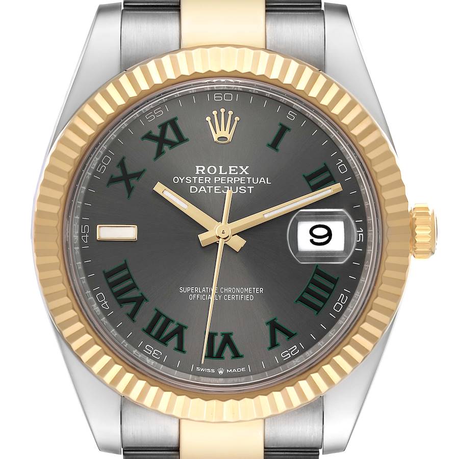 The Rolex Datejust 41 watch is shown from a front angle, highlighting the dial, gold bezel, and part of the bracelet.