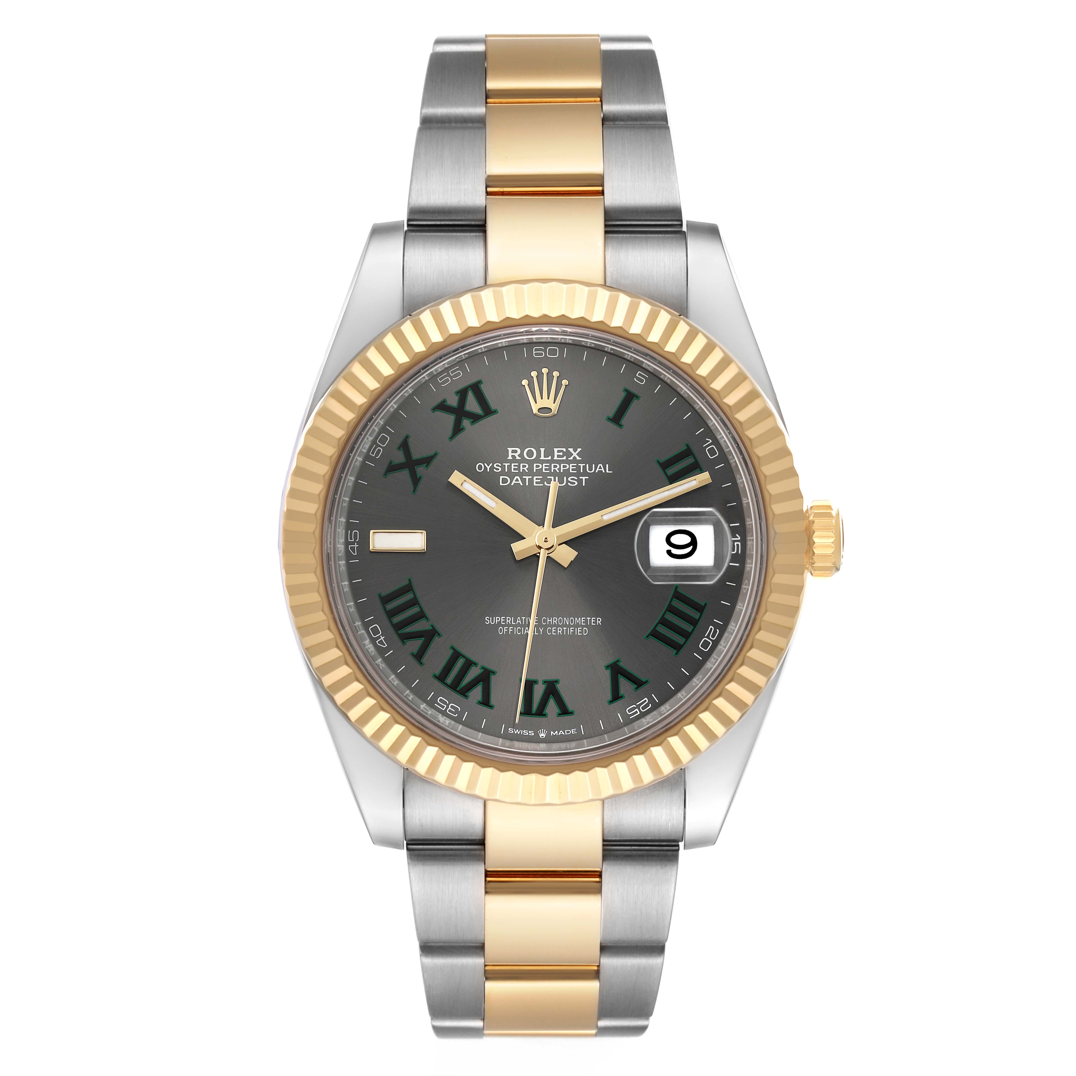 The Rolex Datejust 41 126333 Men
s Steel and Gold (two tone) Grey Dial 126333 Men
s Steel and Gold (two tone) Grey Dial is shown from a front angle, highlighting its two-tone bracelet and fluted bezel.