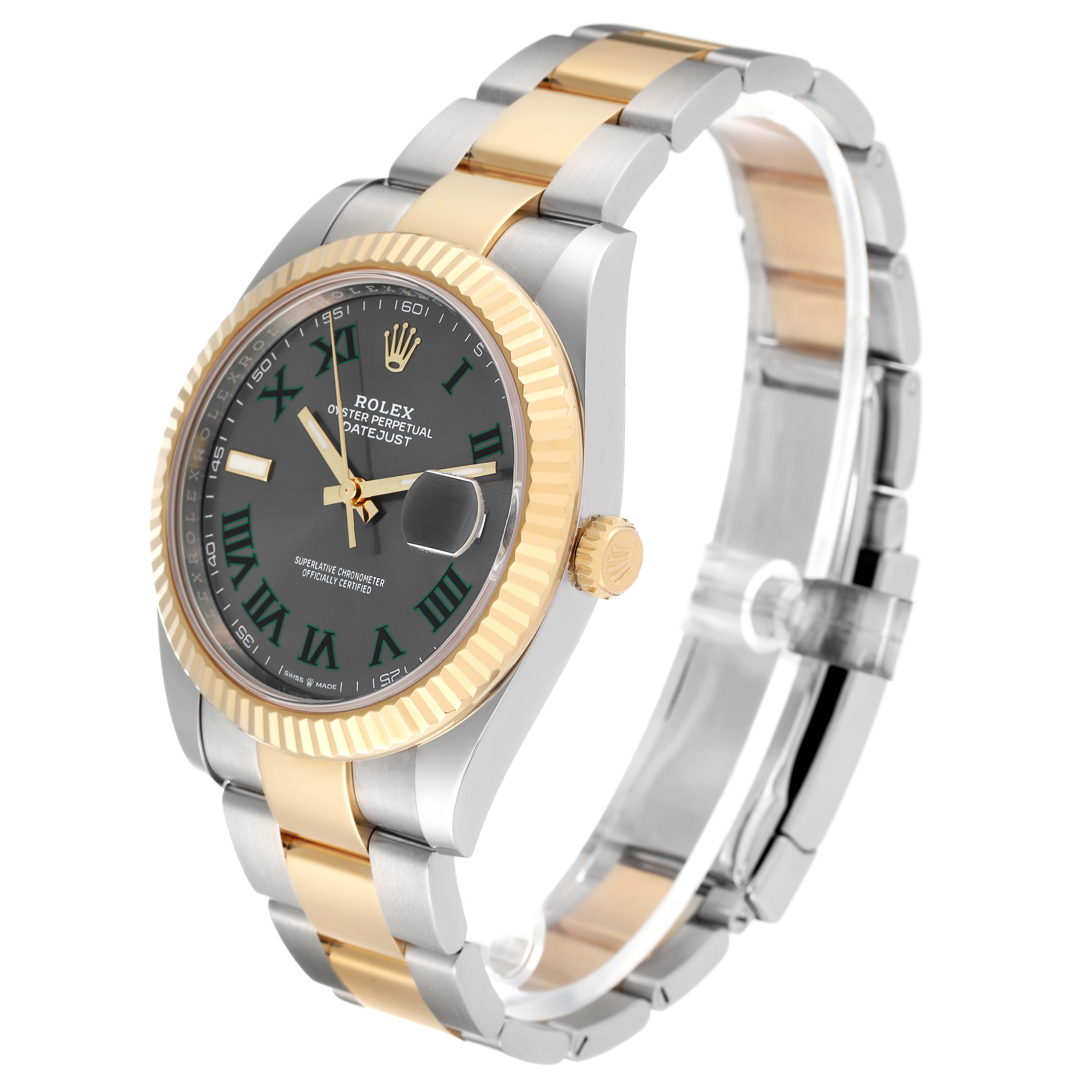 The Rolex Datejust 41 126333 Men
s Steel and Gold (two tone) Grey Dial 126333 Men
s Steel and Gold (two tone) Grey Dial is shown from a three-quarter angle highlighting the dial, fluted bezel, and metal bracelet.