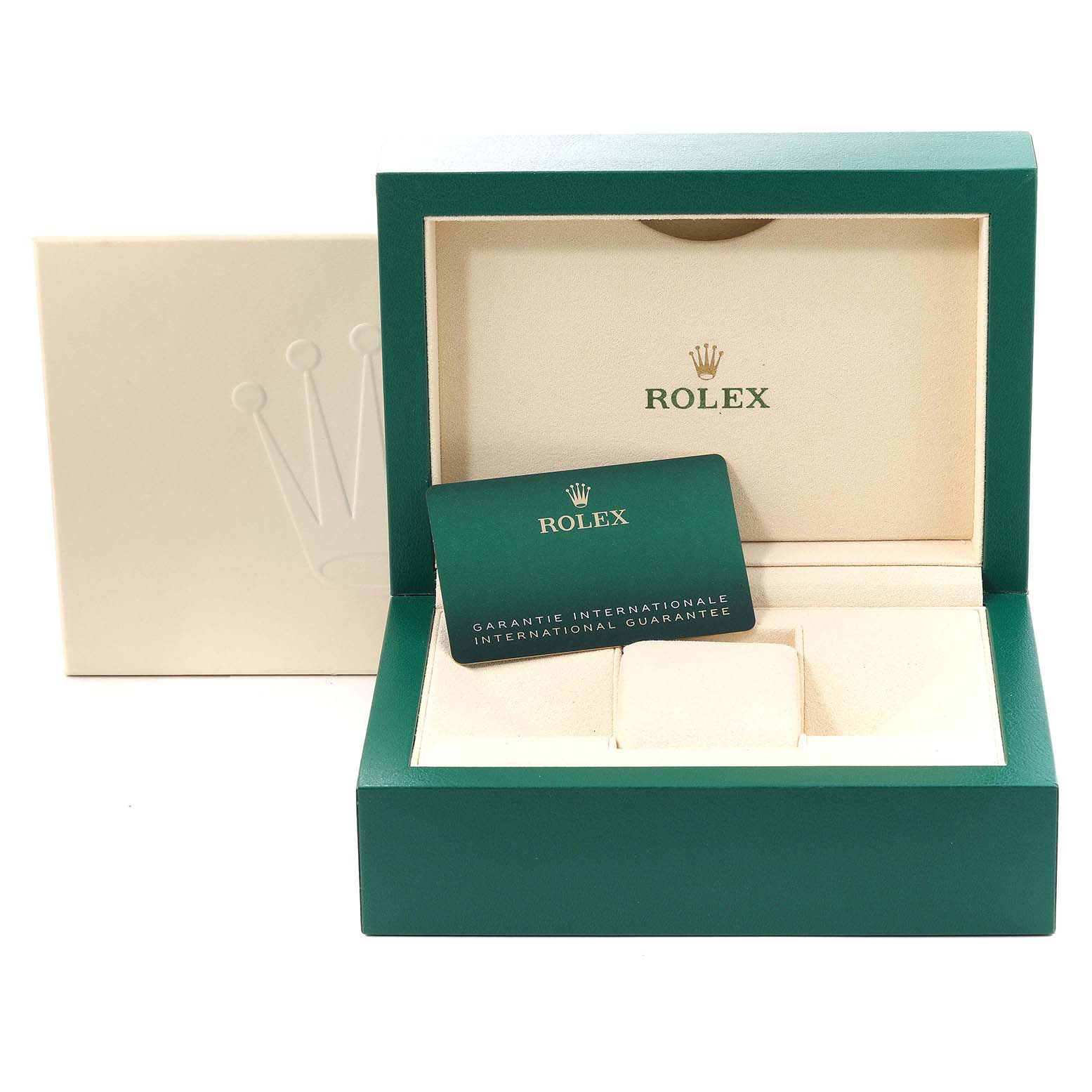 The image shows an open Rolex Datejust 41 126333 Men
s Steel and Gold (two tone) Grey Dial 126333 Men
s Steel and Gold (two tone) Grey Dial box at a front angle with a guarantee card inside.