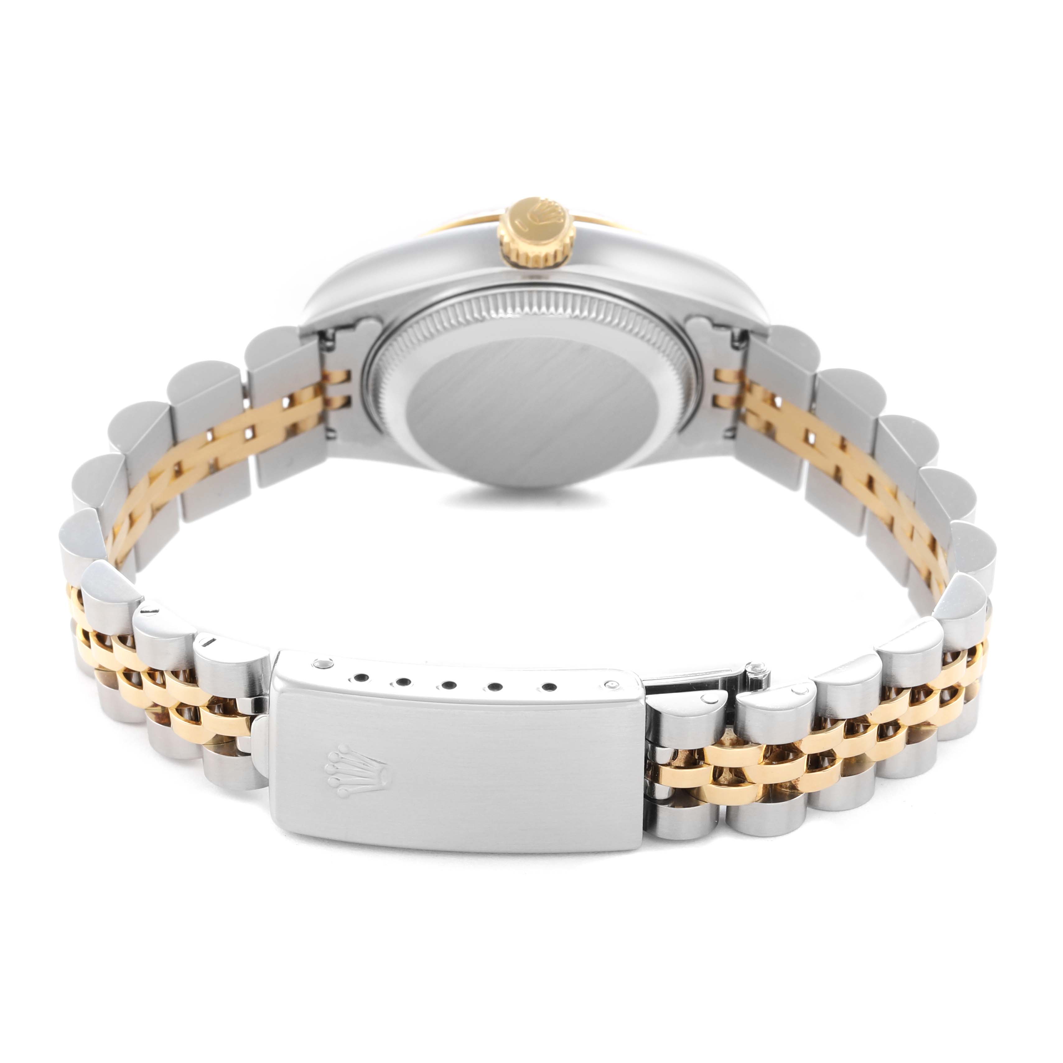 The Rolex Datejust 69173 Women
s Steel and Gold (two tone) Red Dial 69173 Women
s Steel and Gold (two tone) Red Dial is shown from the back, highlighting the clasp, case back, and two-tone bracelet links.