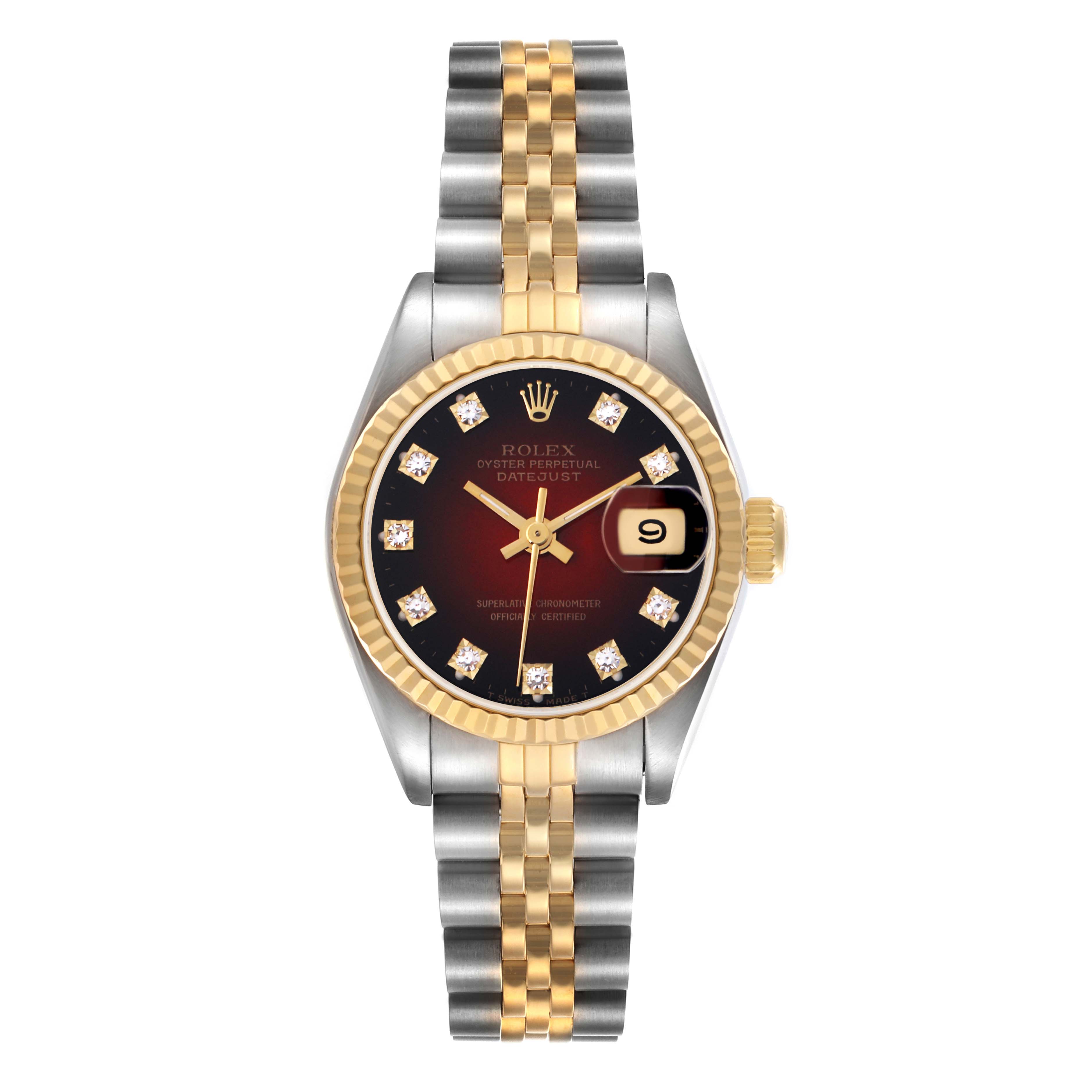 The Rolex Datejust 69173 Women
s Steel and Gold (two tone) Red Dial 69173 Women
s Steel and Gold (two tone) Red Dial watch is shown from the front, highlighting the dial, bezel, bracelet, and date function.
