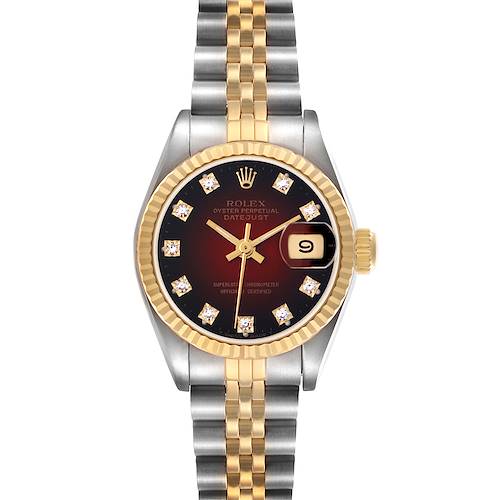 The Rolex Datejust watch is shown from a top-down angle, highlighting the dial, fluted bezel, and two-tone bracelet.