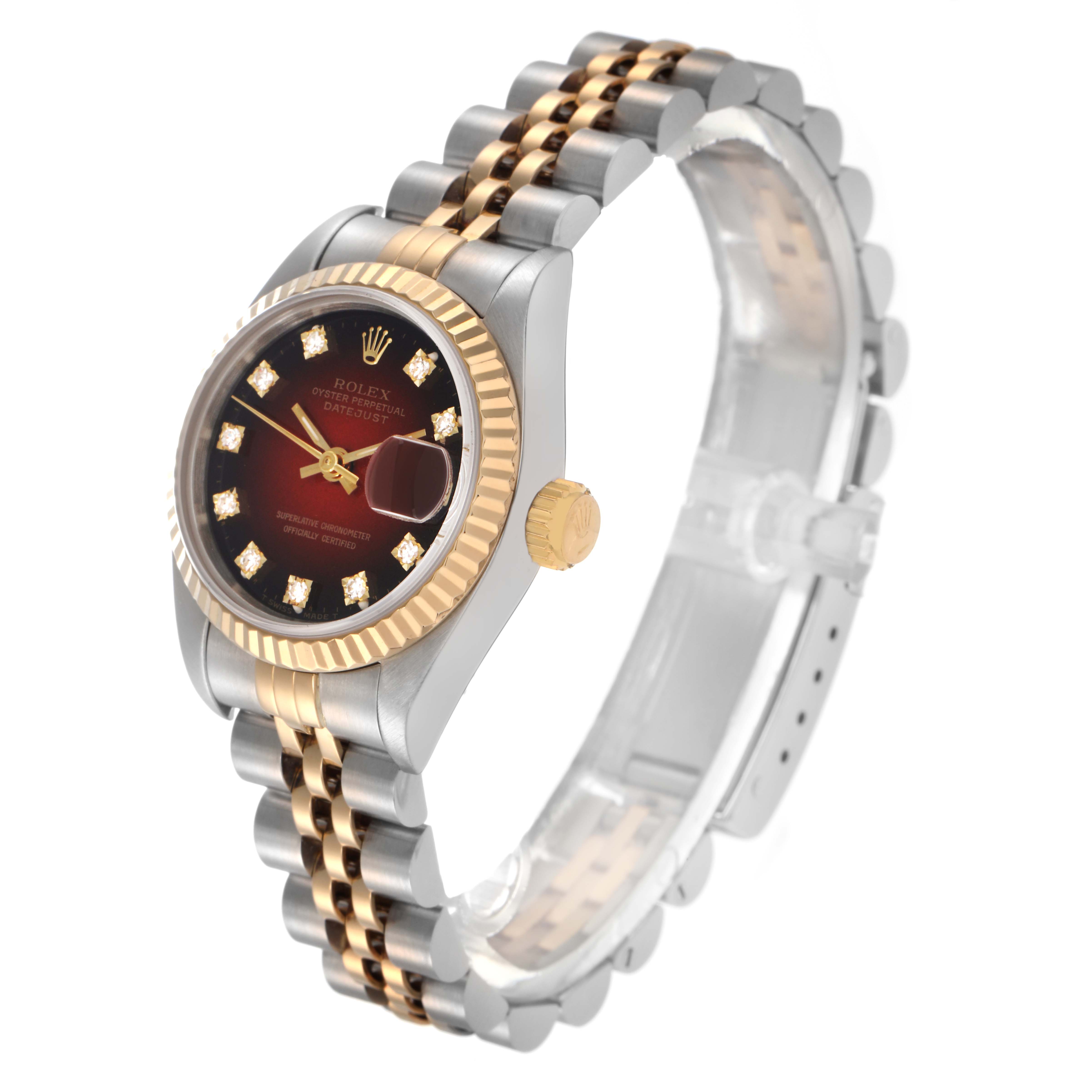 The Rolex Datejust 69173 Women
s Steel and Gold (two tone) Red Dial 69173 Women
s Steel and Gold (two tone) Red Dial watch is shown at a three-quarter angle, displaying the dial, bezel, and Jubilee bracelet.
