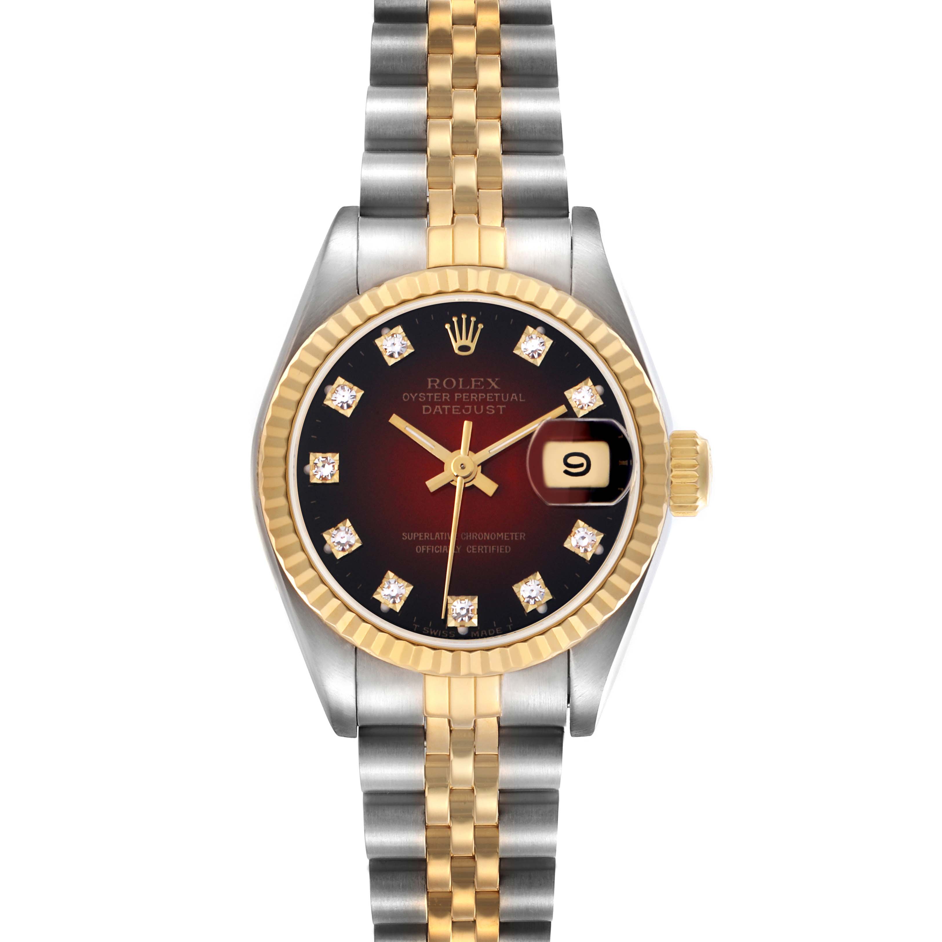 The Rolex Datejust 69173 Women
s Steel and Gold (two tone) Red Dial 69173 Women
s Steel and Gold (two tone) Red Dial watch is shown from the front, displaying the dial, bezel, crown, and bracelet.