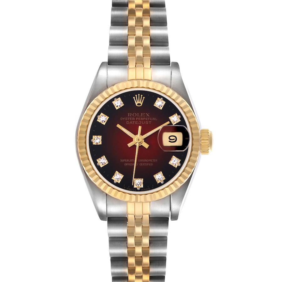 The Rolex Datejust watch is shown from the front, displaying the dial, bezel, crown, and bracelet.