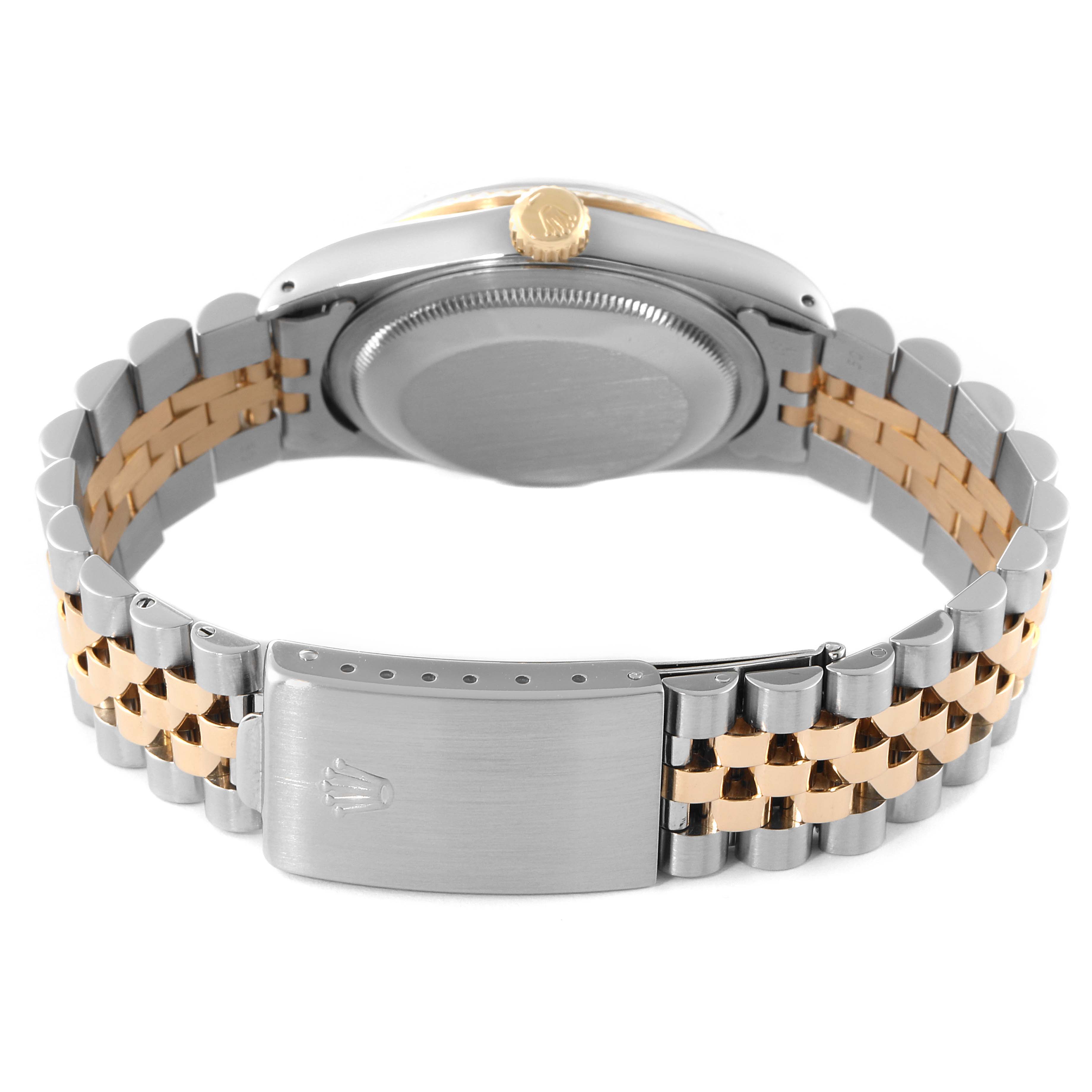 The image shows the back of a Rolex Datejust 16233 Men's Steel and Gold (two tone) White Dial 16233 Men's Steel and Gold (two tone) White Dial watch, highlighting its clasp, case back, crown, and two-tone bracelet.